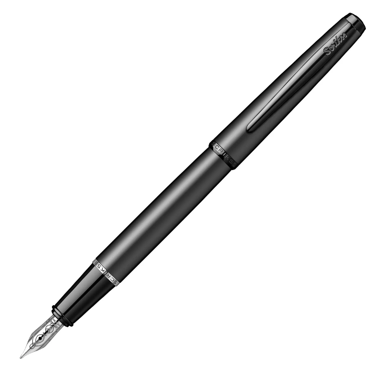 Scrikss Metropolis Medium Nib Fountain Ink Pen Metal Cover Painted in Matte Black Body Black Metal Accessories & Clip Converter Included