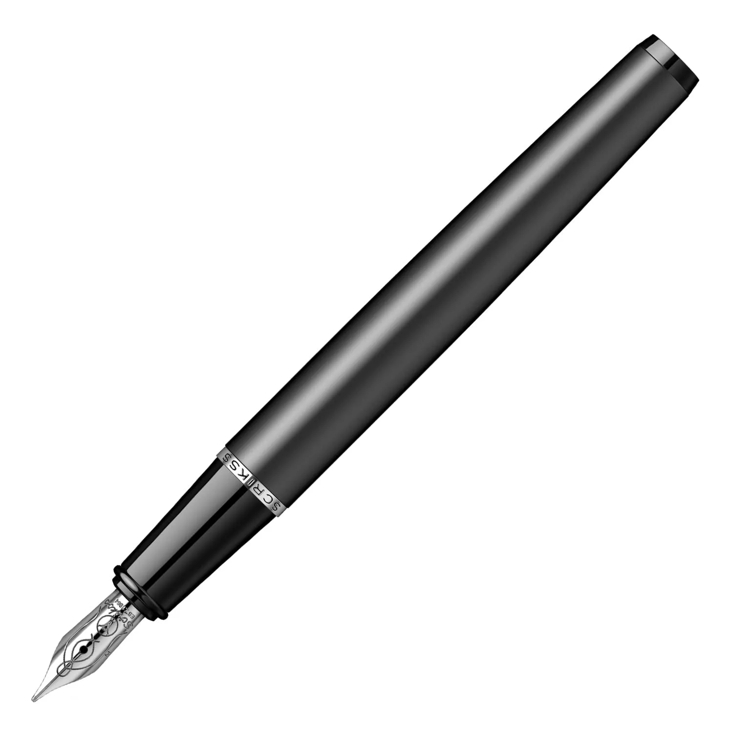 Scrikss Metropolis Medium Nib Fountain Ink Pen Metal Cover Painted in Matte Black Body Black Metal Accessories