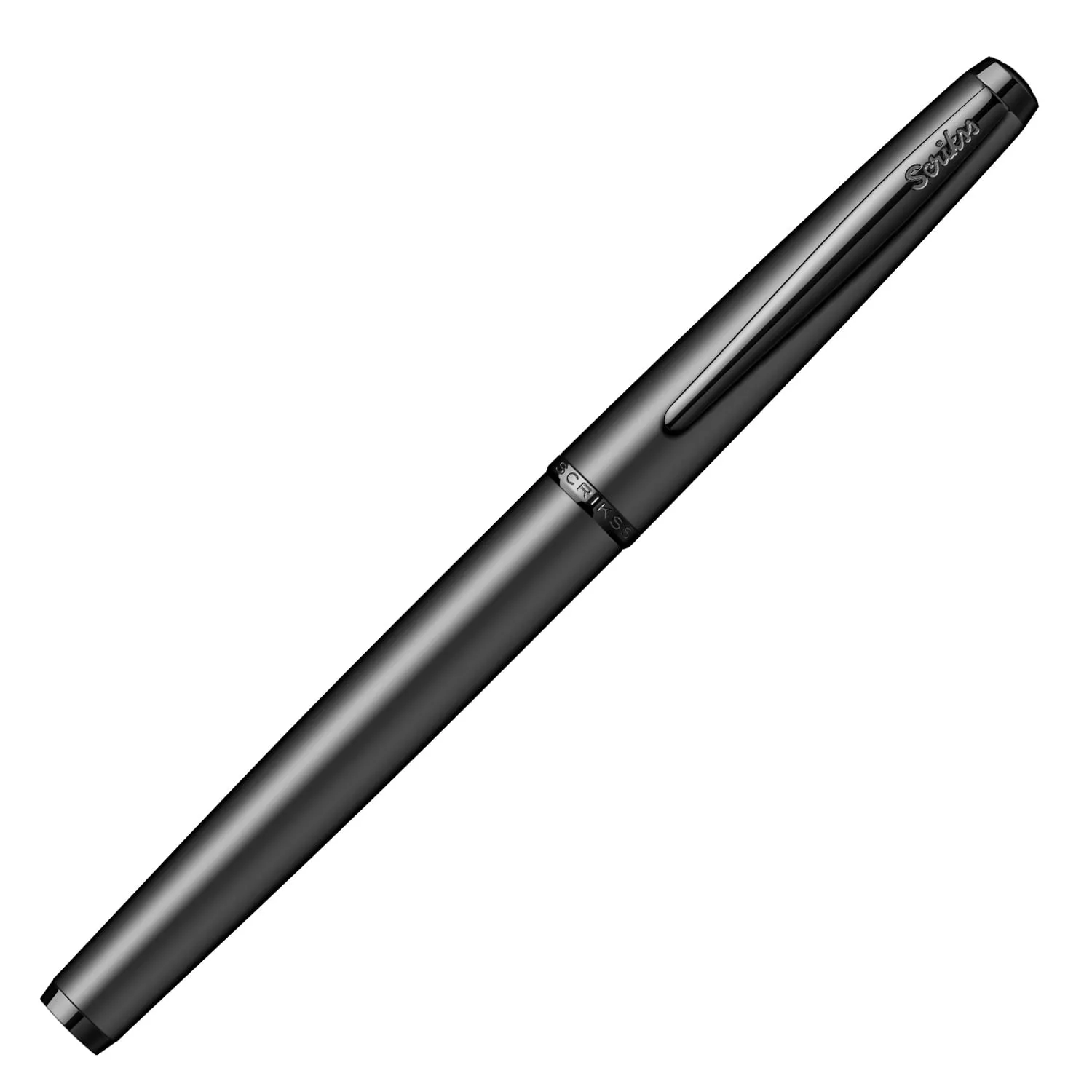 Scrikss Metropolis Medium Nib Fountain Ink Pen Metal Cover Painted in Matte Black Body Black Metal Accessories