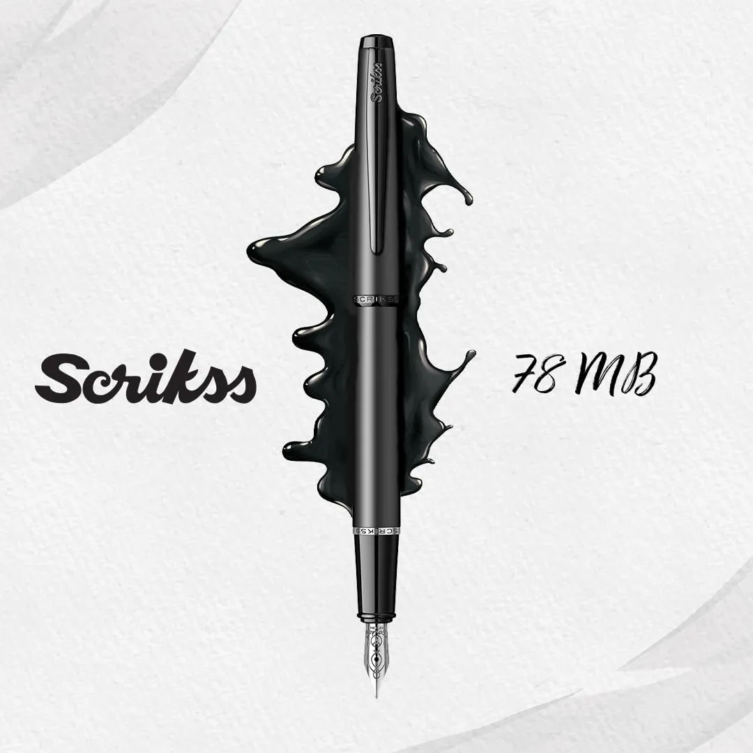 Scrikss Metropolis Medium Nib Fountain Ink Pen Metal Cover Painted in Matte Black Body Black Metal Accessories