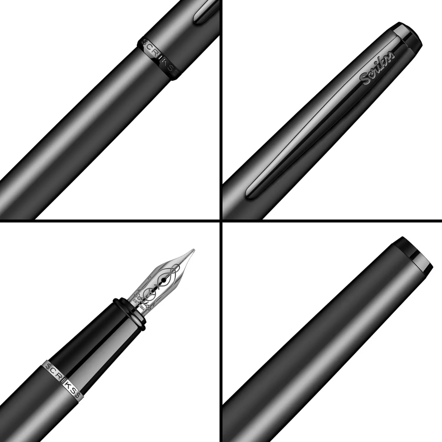 Scrikss Metropolis Medium Nib Fountain Ink Pen Metal Cover Painted in Matte Black Body Black Metal Accessories
