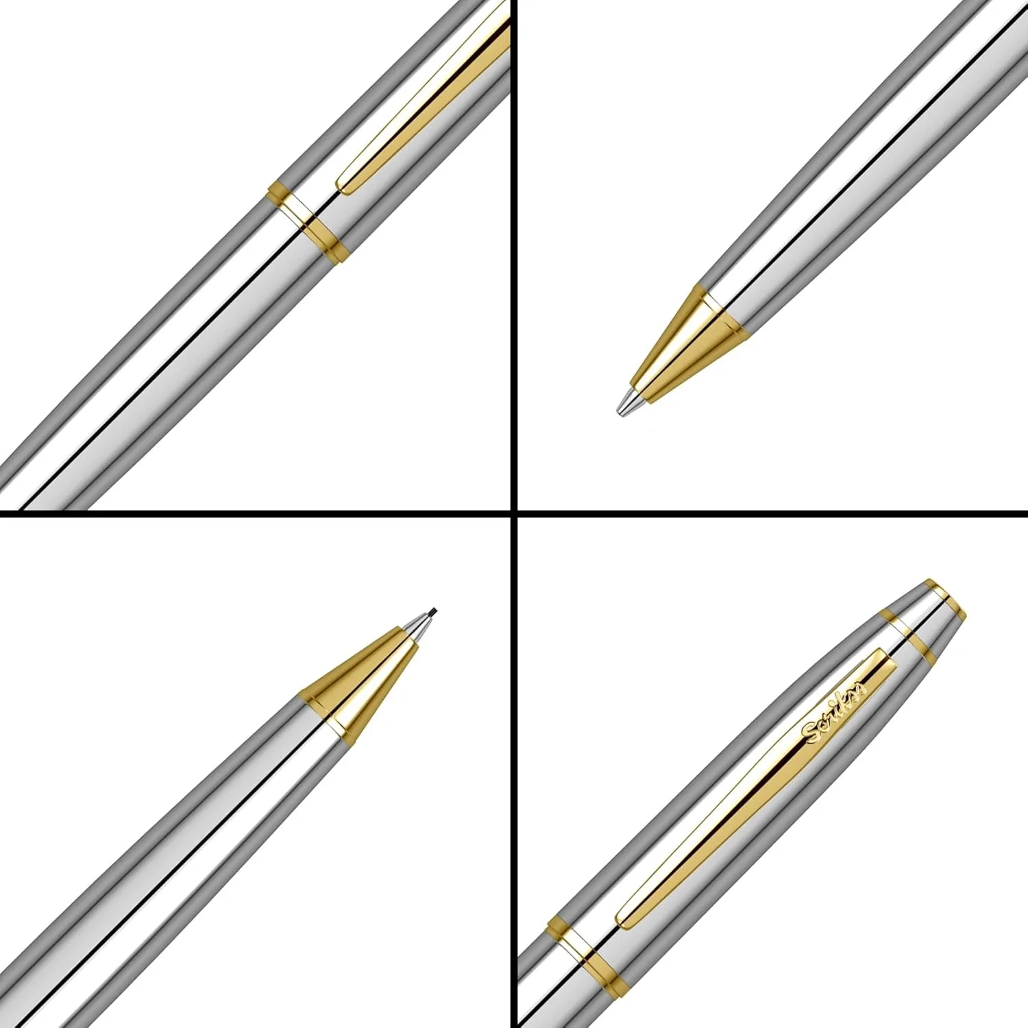 Scrikss Noble 35 0.7mm Mechanical Lead Clutch Pen Pencil Chrome Plated Brass Body Gold Trims