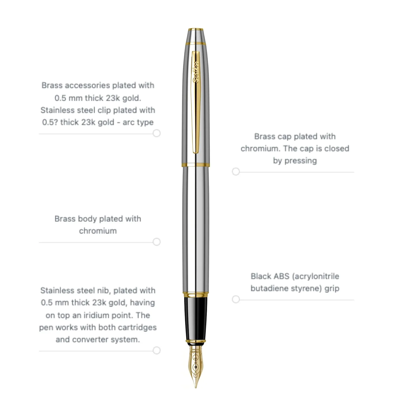 Scrikss Noble 35 Chrome Finish Fountain Ink Pen With Medium Size Nib, Gold Trims, Mounted Converter for Writing Office Corporate Gifting Professionals Students