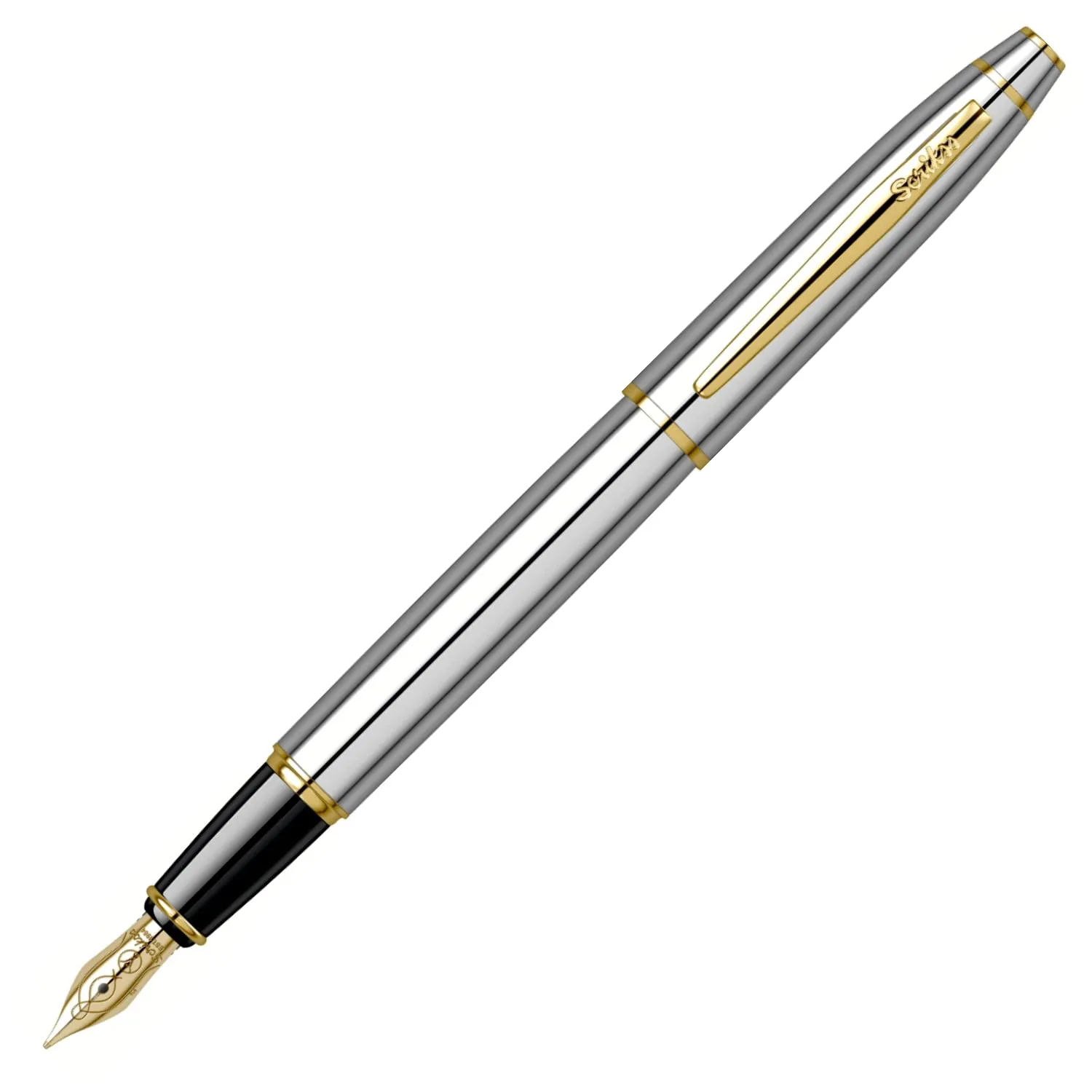 Scrikss Noble 35 Chrome Finish Fountain Ink Pen With Medium Size Nib, Gold Trims, Mounted Converter for Writing Office Corporate Gifting Professionals Students