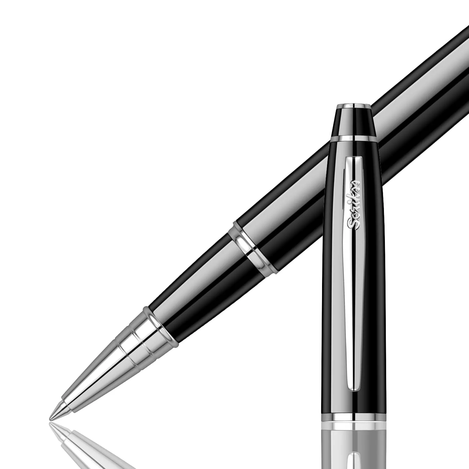 Scrikss Noble 35 Glossy Black Roller Ball Point Pen, Black Brass Body, Chrome Plated SS Clip, Brass Grip Plated Glossy Black Lacquer Roller Type Refill with Layers of Elegance Collection