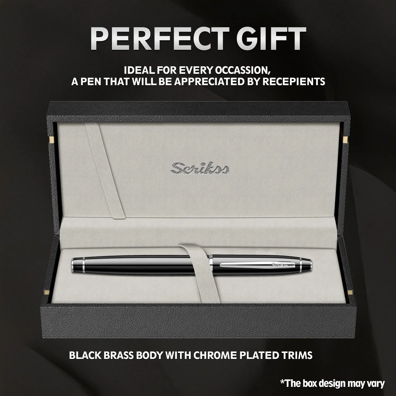 Scrikss Noble 35 Glossy Black Roller Ball Point Pen, Black Brass Body, Chrome Plated SS Clip, Brass Grip Plated Glossy Black Lacquer Roller Type Refill with Layers of Elegance Collection