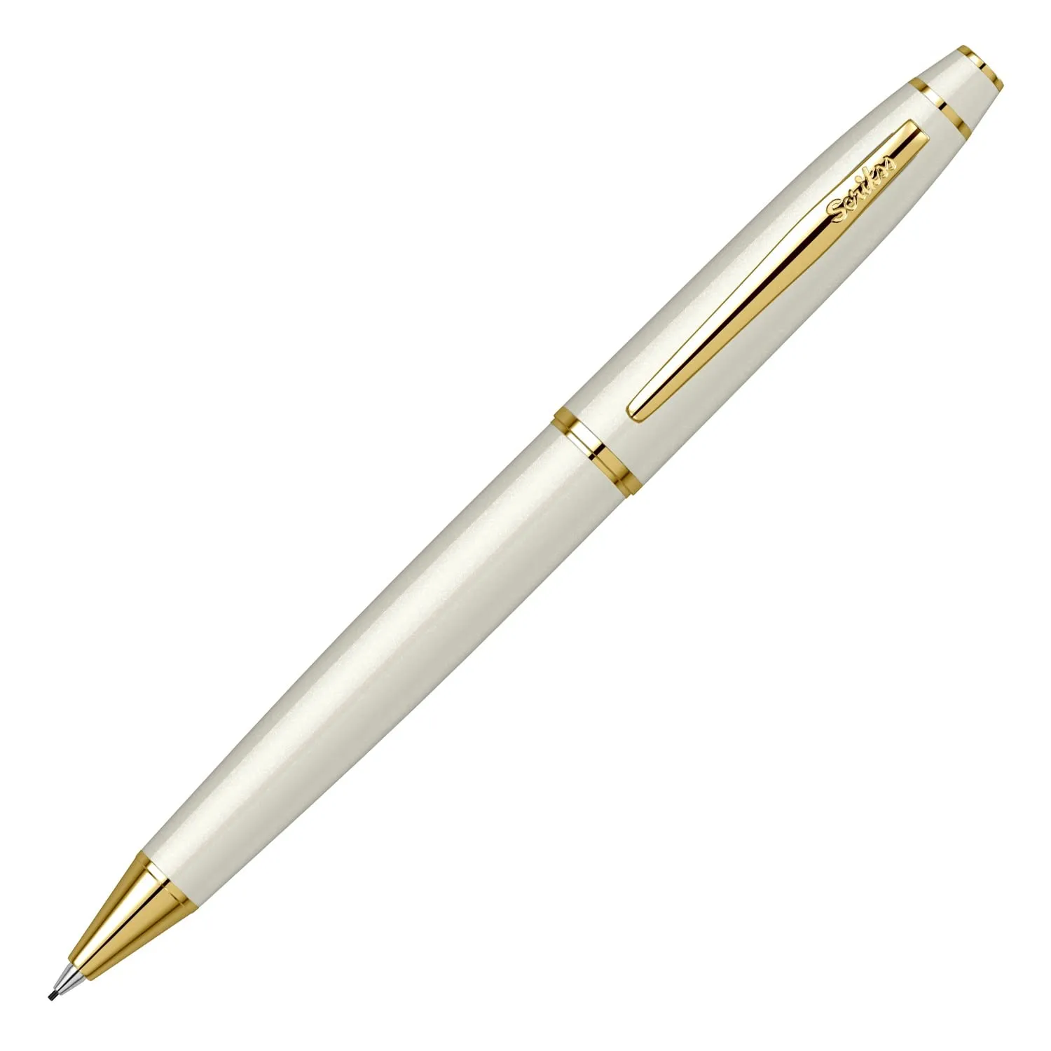 Scrikss Noble 35 Pearl White Finish Mechanical Pencil Gold Plated Trim Brass Body Plated With Multiple Layers Of Pearl White Lacquer 0.7mm Lead Pencill Elegance Collection 78706