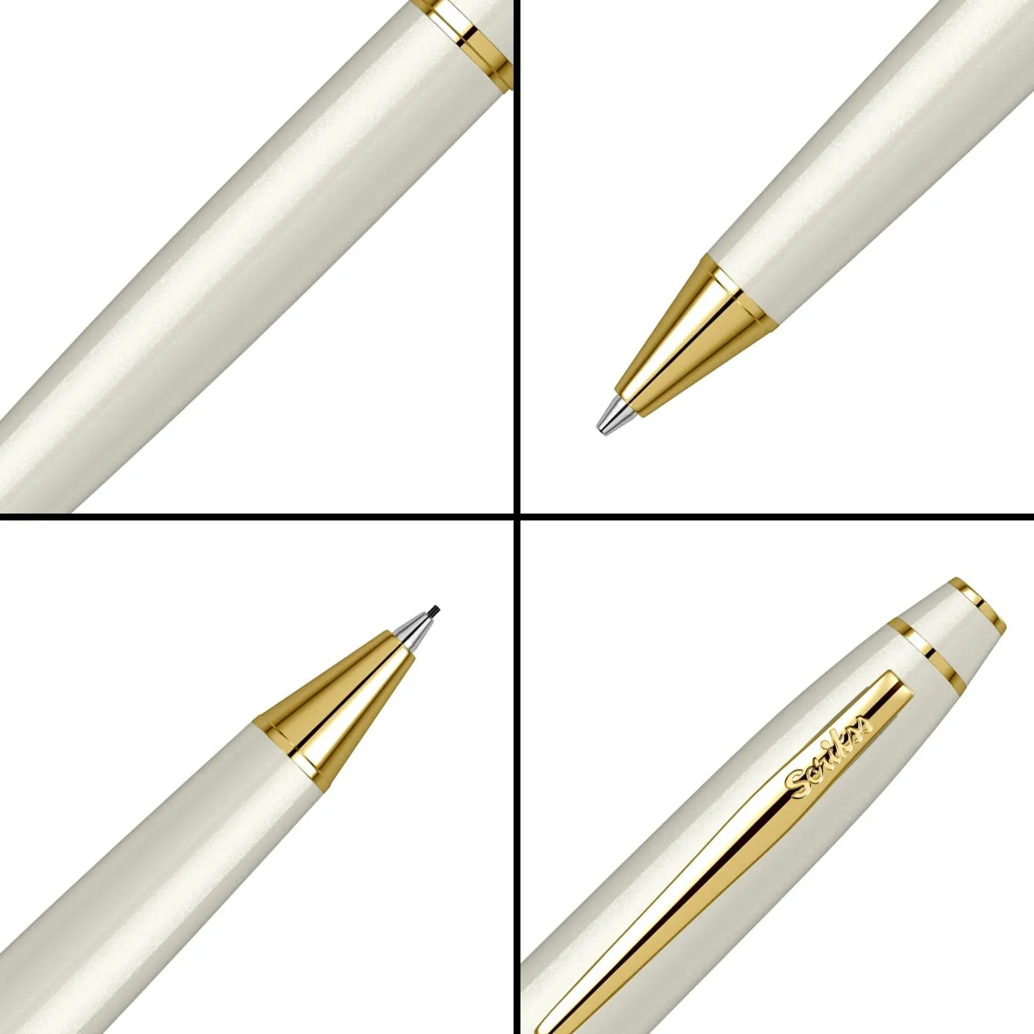 Scrikss Noble 35 Pearl White Finish Mechanical Pencil Gold Plated Trim Brass Body Plated With Multiple Layers Of Pearl White Lacquer 0.7mm Lead Pencill Elegance Collection 78706