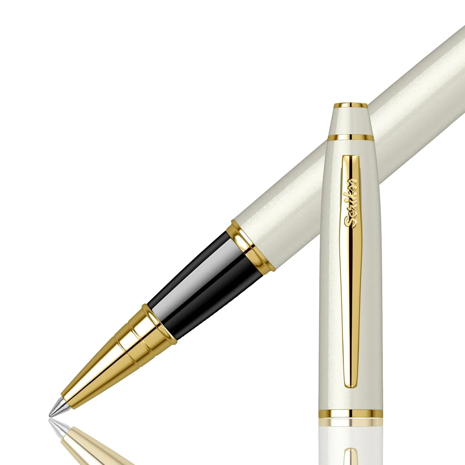 Scrikss Noble 35 Pearl White Roller Ball Point Pen | Gold Trims | Roller Pen for Writing Office Corporate Gifting Professionals Students