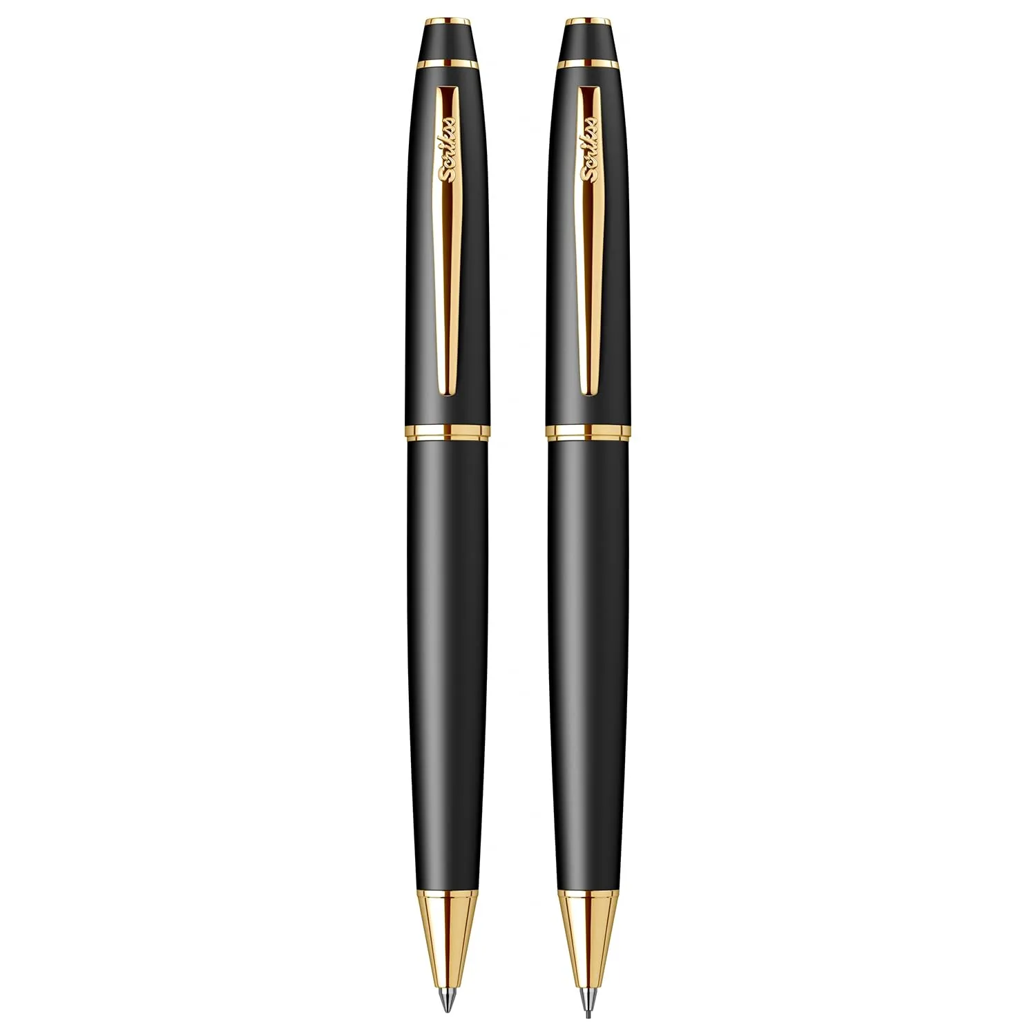 Scrikss Noble Ball Point Pen & 0.7mm Mechanical Pencil | Matte Black Lacquered Brass Body | 23k Gold Plated Brass Accessories