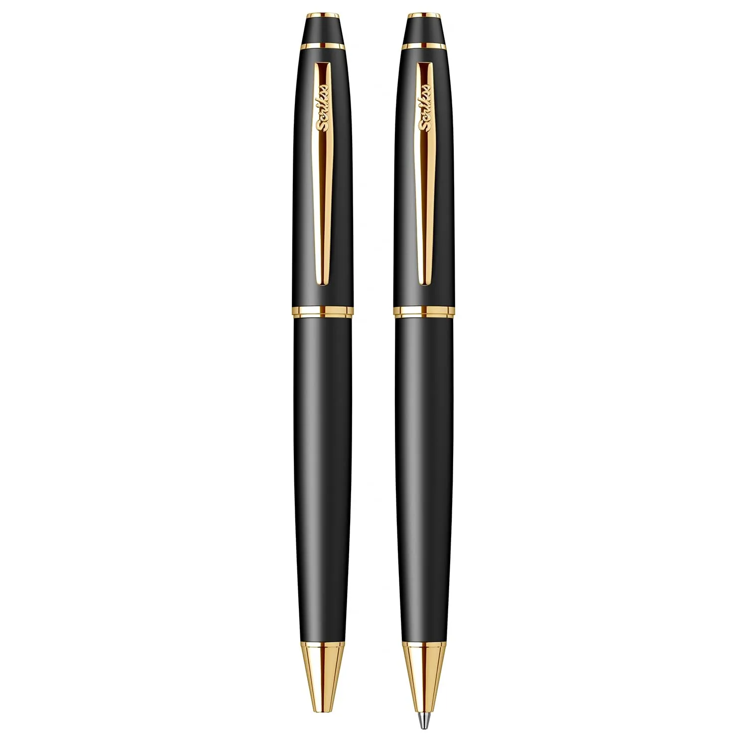 Scrikss Noble Ball Point Pen & 0.7mm Mechanical Pencil | Matte Black Lacquered Brass Body | 23k Gold Plated Brass Accessories