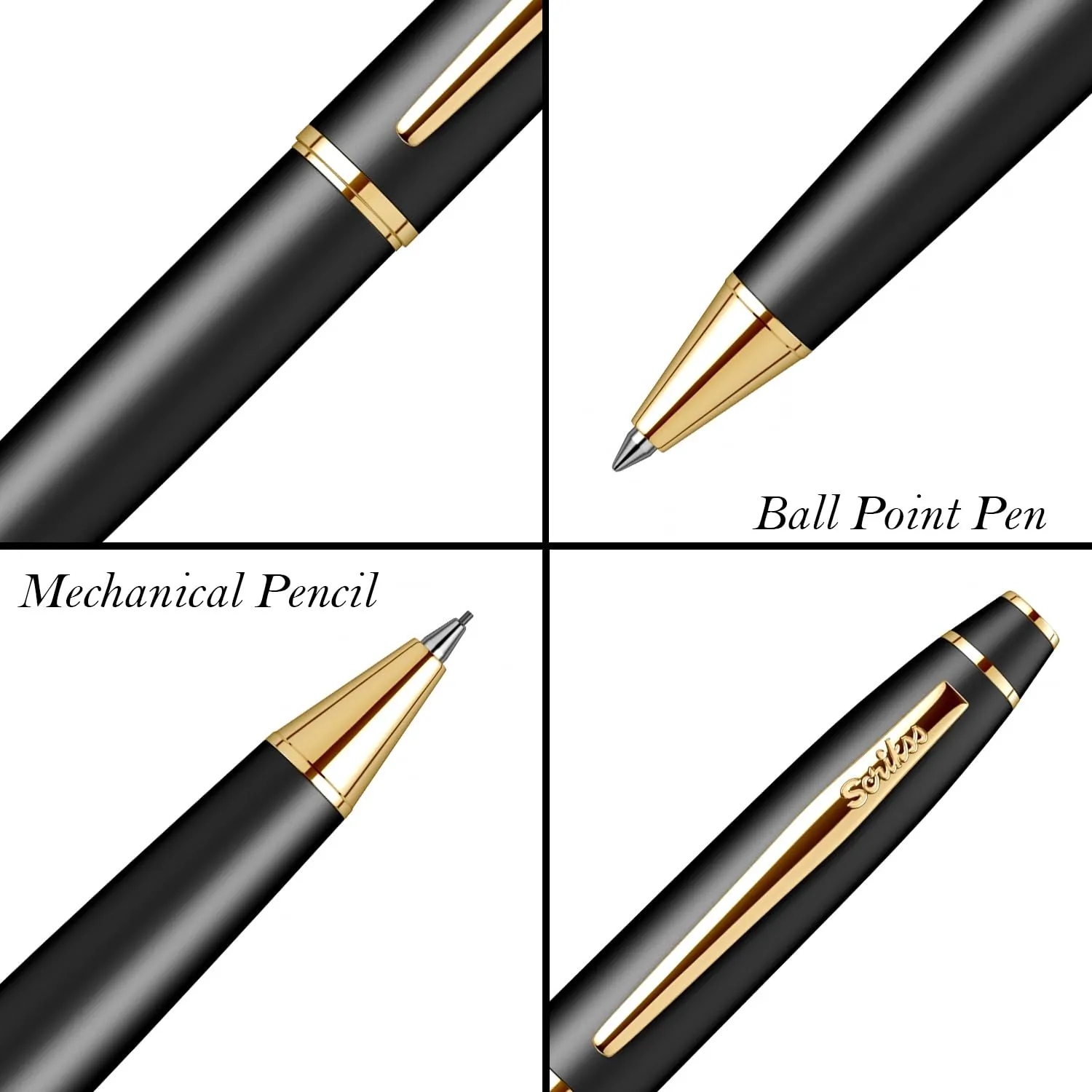 Scrikss Noble Ball Point Pen & 0.7mm Mechanical Pencil | Matte Black Lacquered Brass Body | 23k Gold Plated Brass Accessories