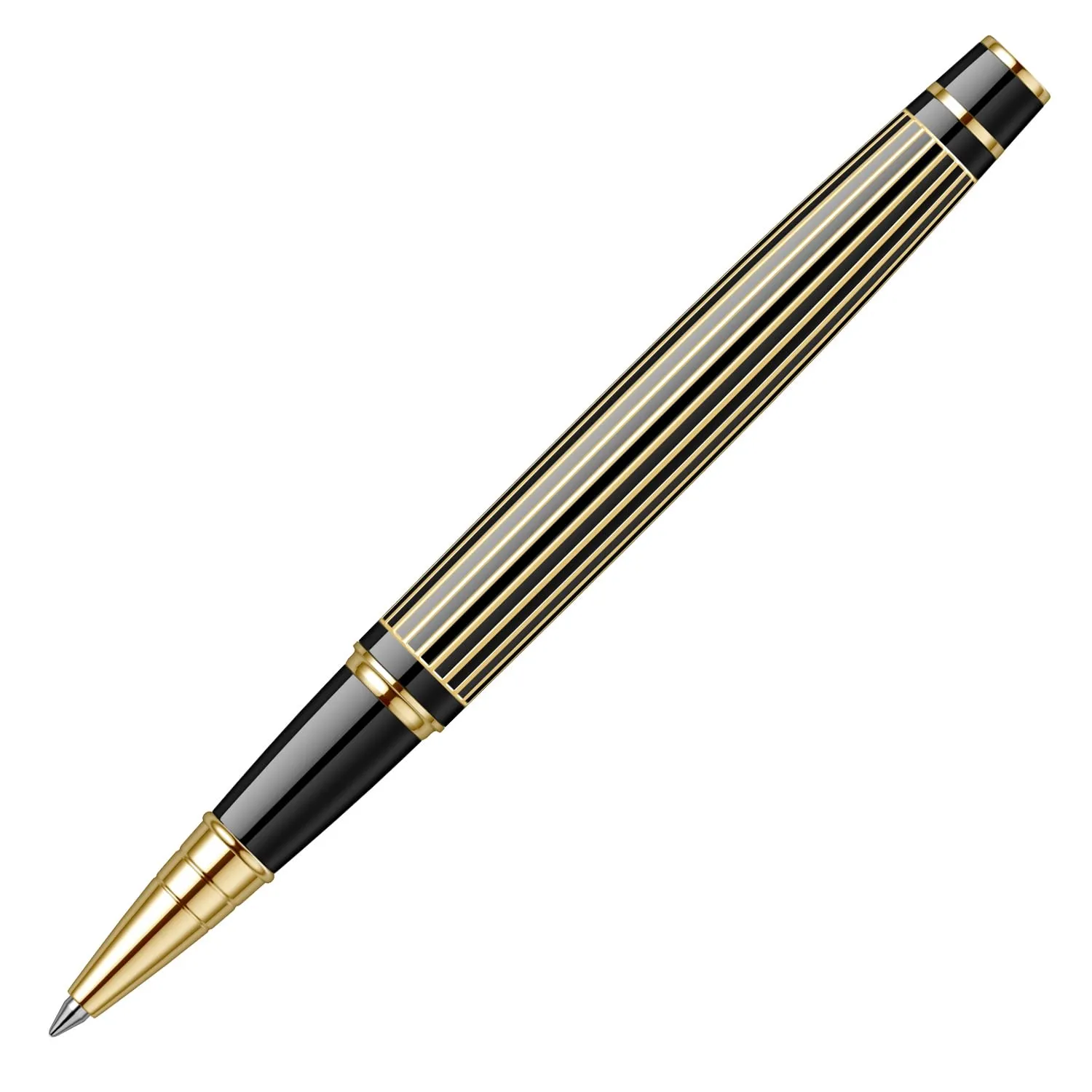 Scrikss Noble Roller Ball Point Pen | Black Brass Body with Gold Stripes Design | 23k Gold Plated Trims