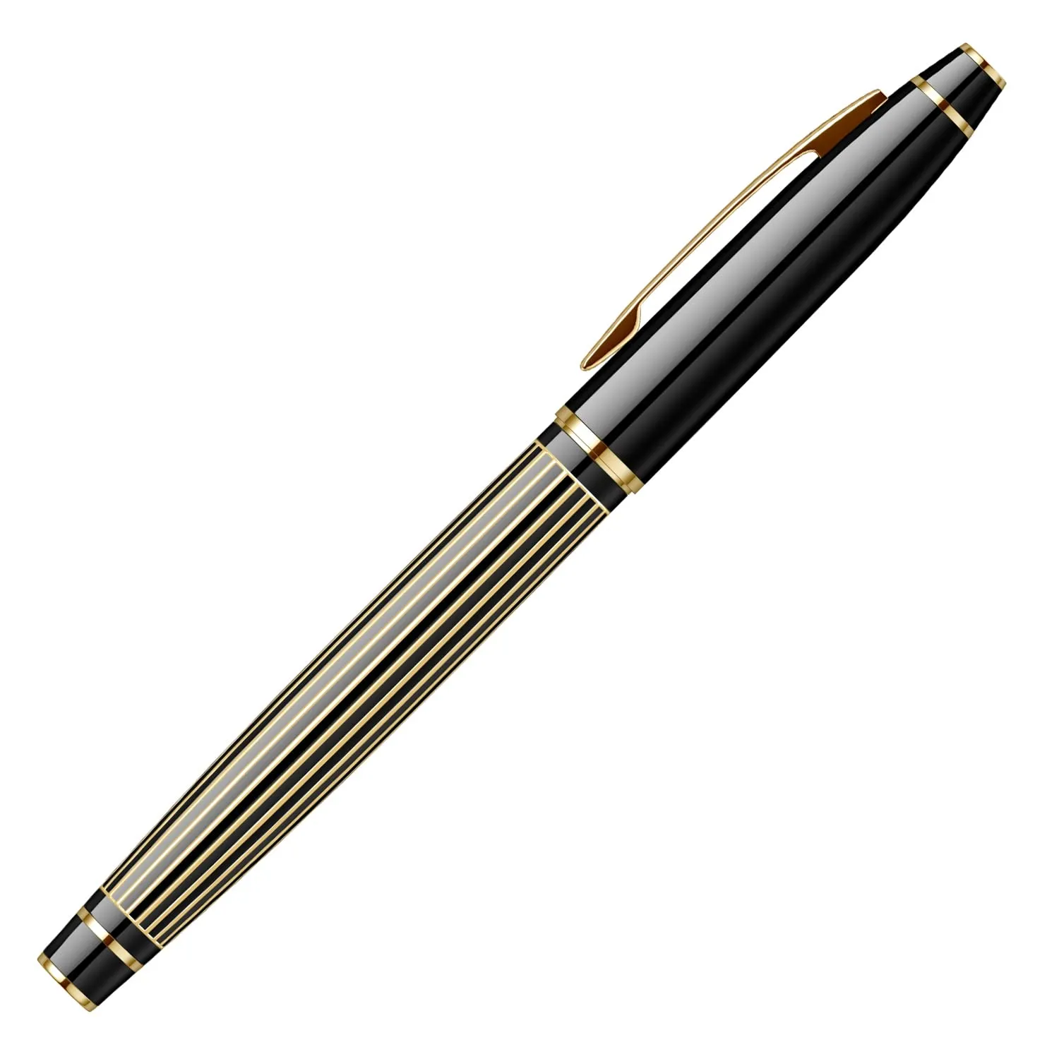 Scrikss Noble Roller Ball Point Pen | Black Brass Body with Gold Stripes Design | 23k Gold Plated Trims