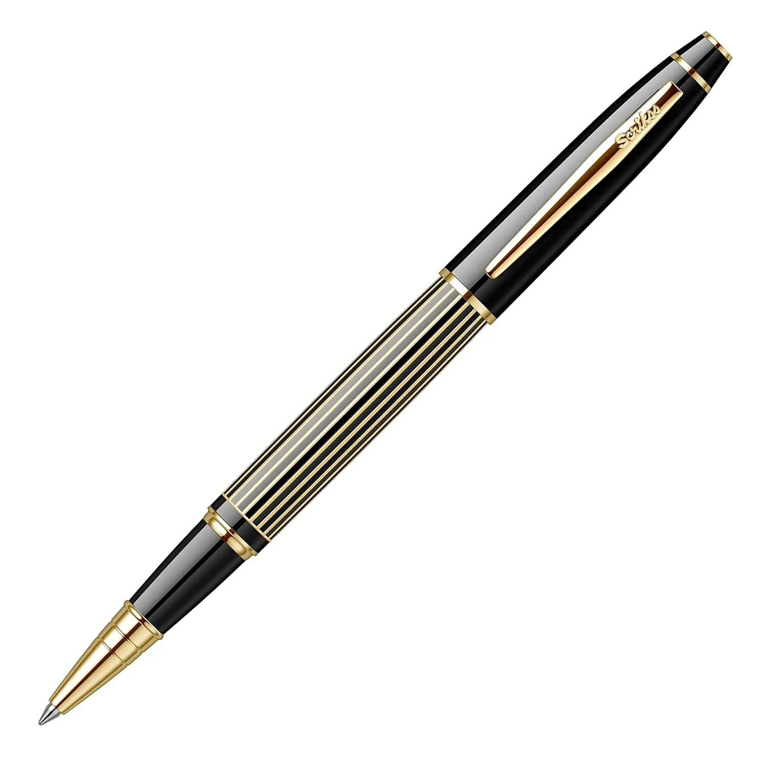 Scrikss Noble Roller Ball Point Pen | Black Brass Body with Gold Stripes Design | 23k Gold Plated Trims