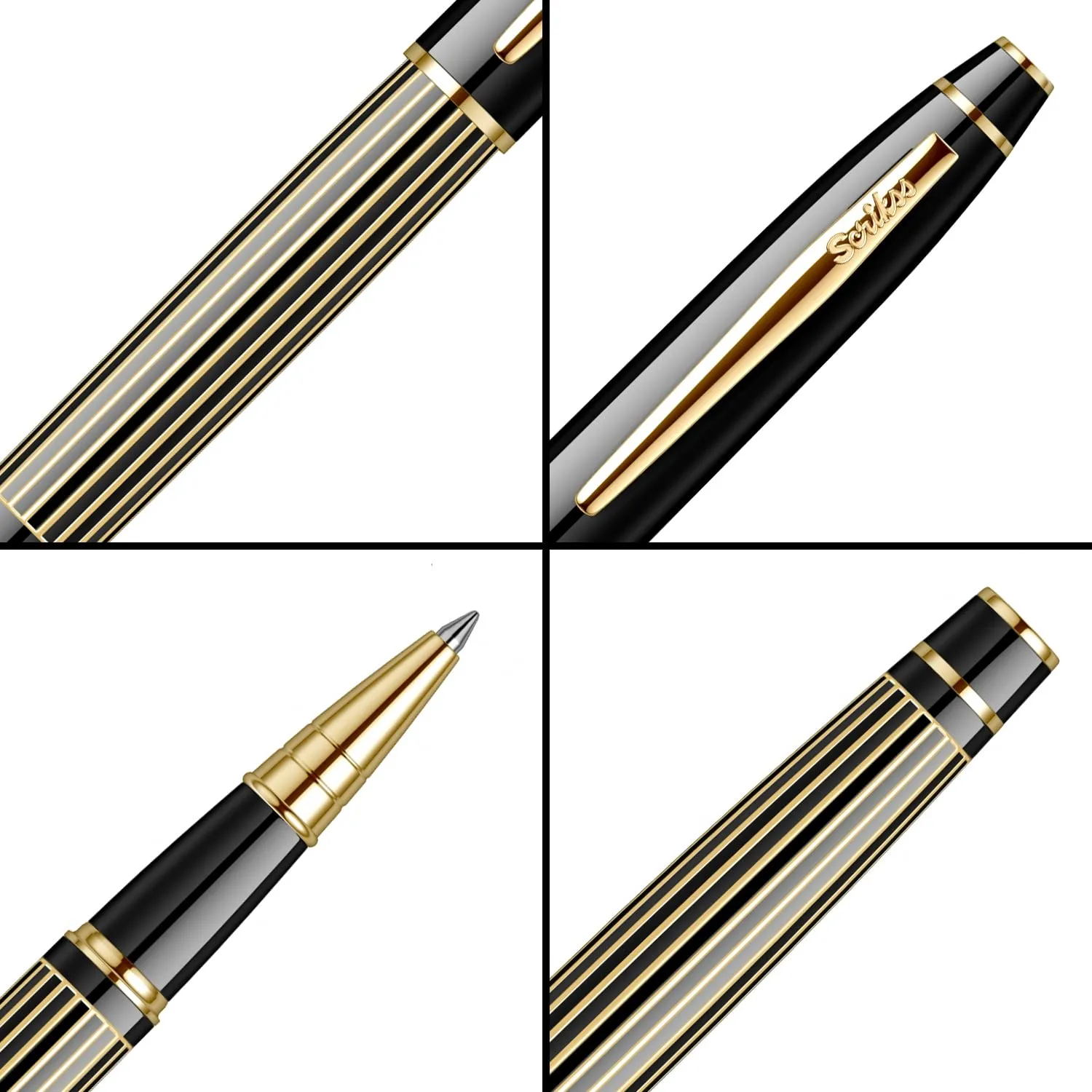 Scrikss Noble Roller Ball Point Pen | Black Brass Body with Gold Stripes Design | 23k Gold Plated Trims