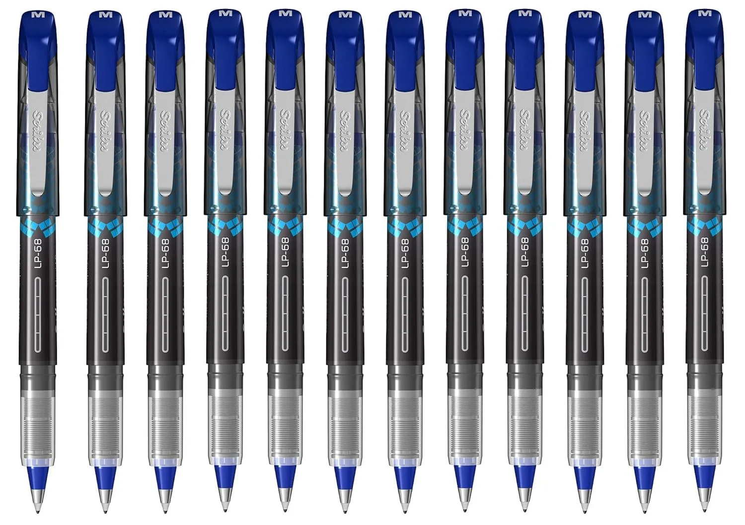 Scrikss Office 0.5 mm Liquid Ink Pen - Chrome Plated Tip & Controlled Ink Flow Adjustment System - LP68 Set of 12 (Blue)