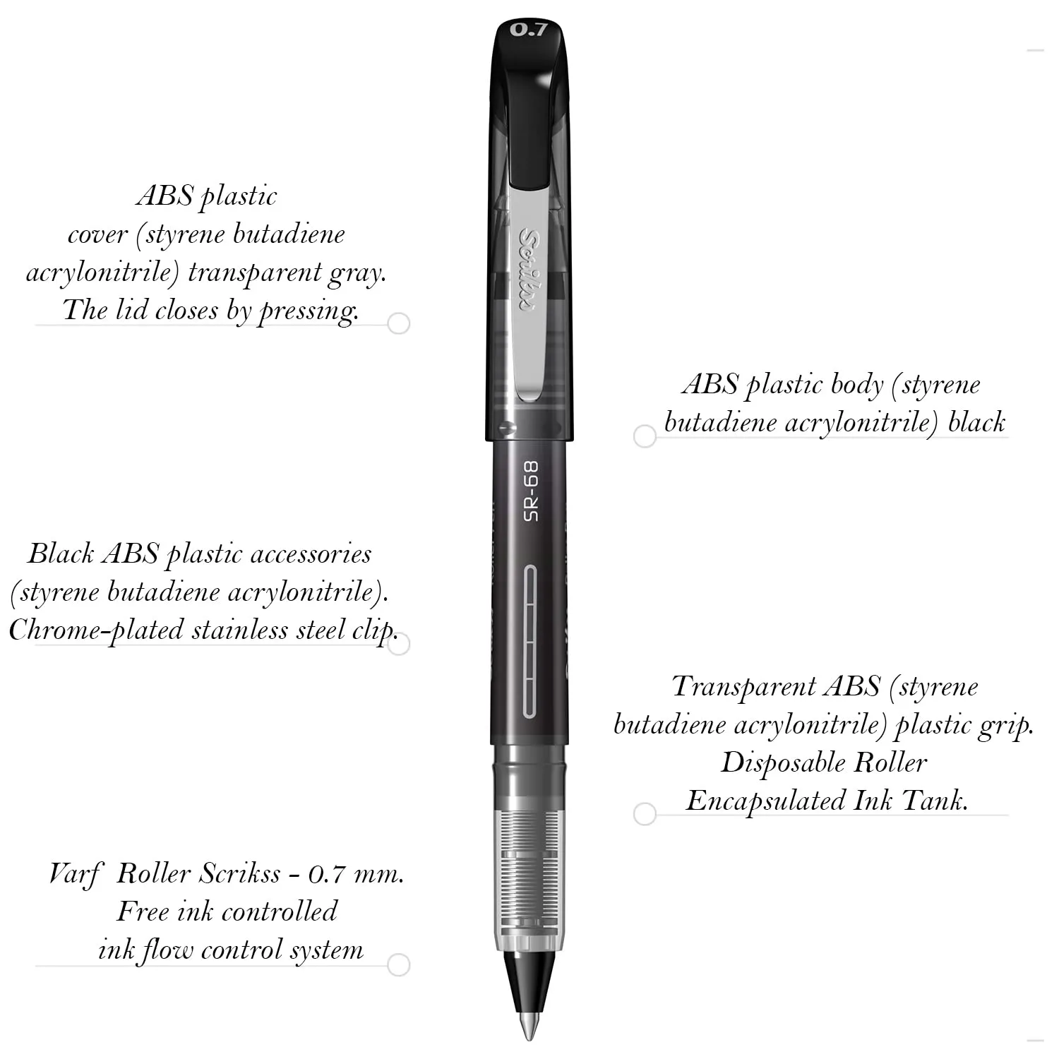Scrikss Office 0.7 mm Roller Pen - Fast Drying Water Based Ink - 12 Pieces - SR-68 Black New Technology Durable Tip