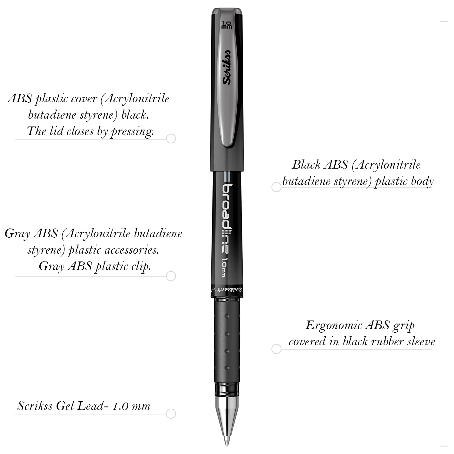 Scrikss Office Broadline 1.0mm Gel Pen - Fast Dry Gel Ink, Smooth Writing - Set of 12 Pens - Black