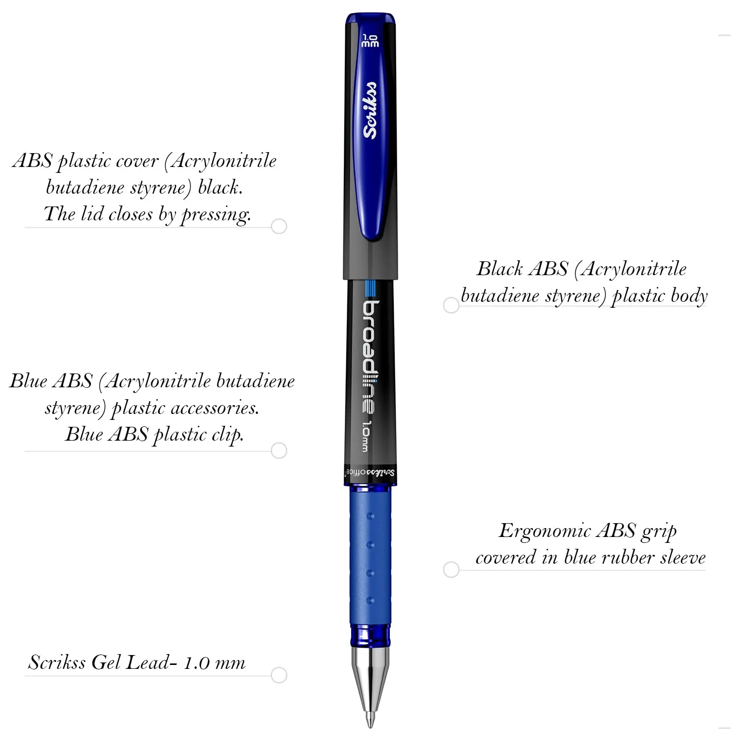 Scrikss Office Broadline 1.0mm Gel Pen - Fast Dry Gel Ink, Smooth Writing - Set of 12 Pens - Blue