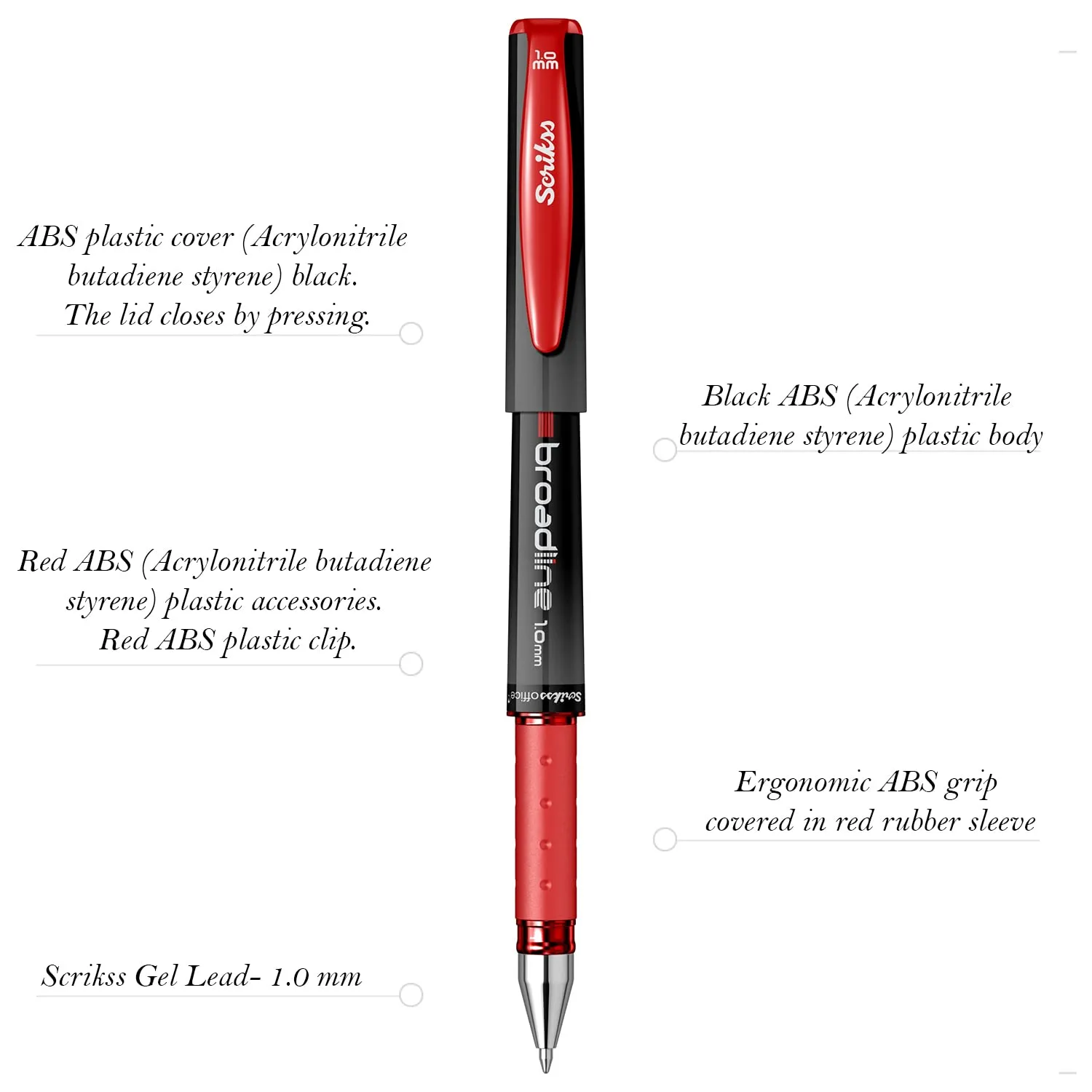 Scrikss Office Broadline 1.0mm Gel Pen - Fast Dry Gel Ink, Smooth Writing - Set of 12 Pens - Red