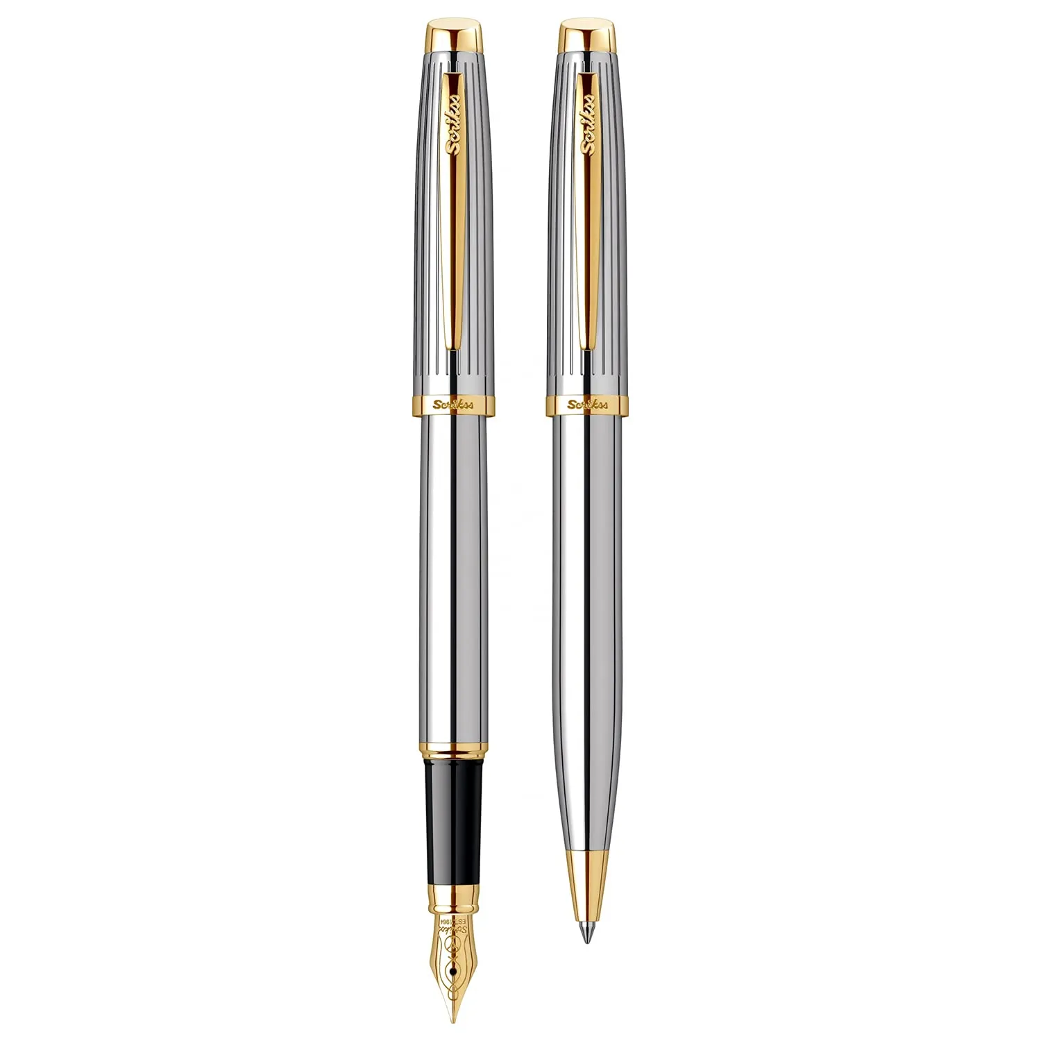 Scrikss Oscar Ball Point Pen & Medium Nib Fountain Ink Pen 2 Piece Set Chrome Barrel Gold Plated Trims