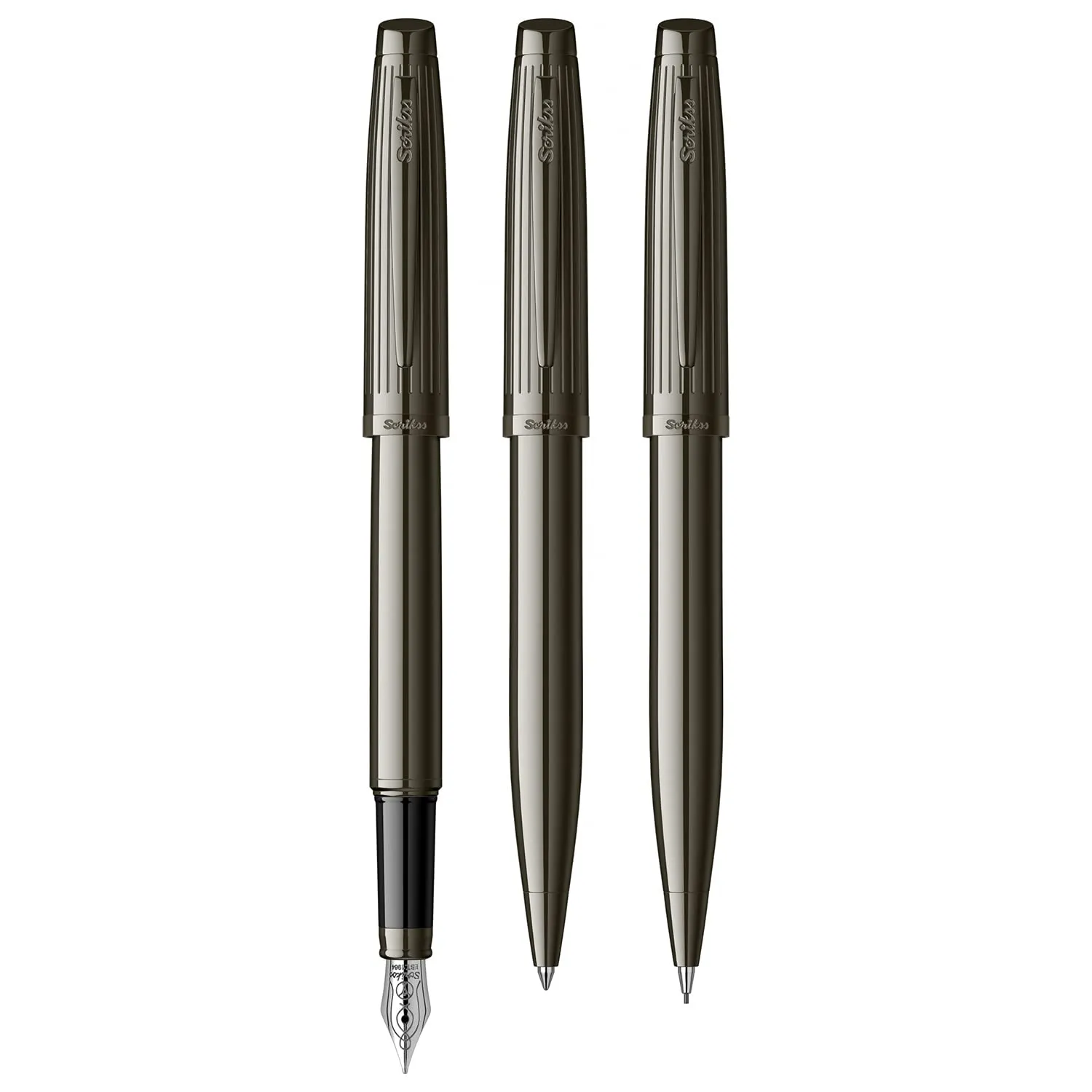 Scrikss Oscar Medium Nib Fountain Ink Pen Ball Point Pen & 0.7mm Mechanical Pencil 3 Piece Set Titanium Barrel Premium Finish