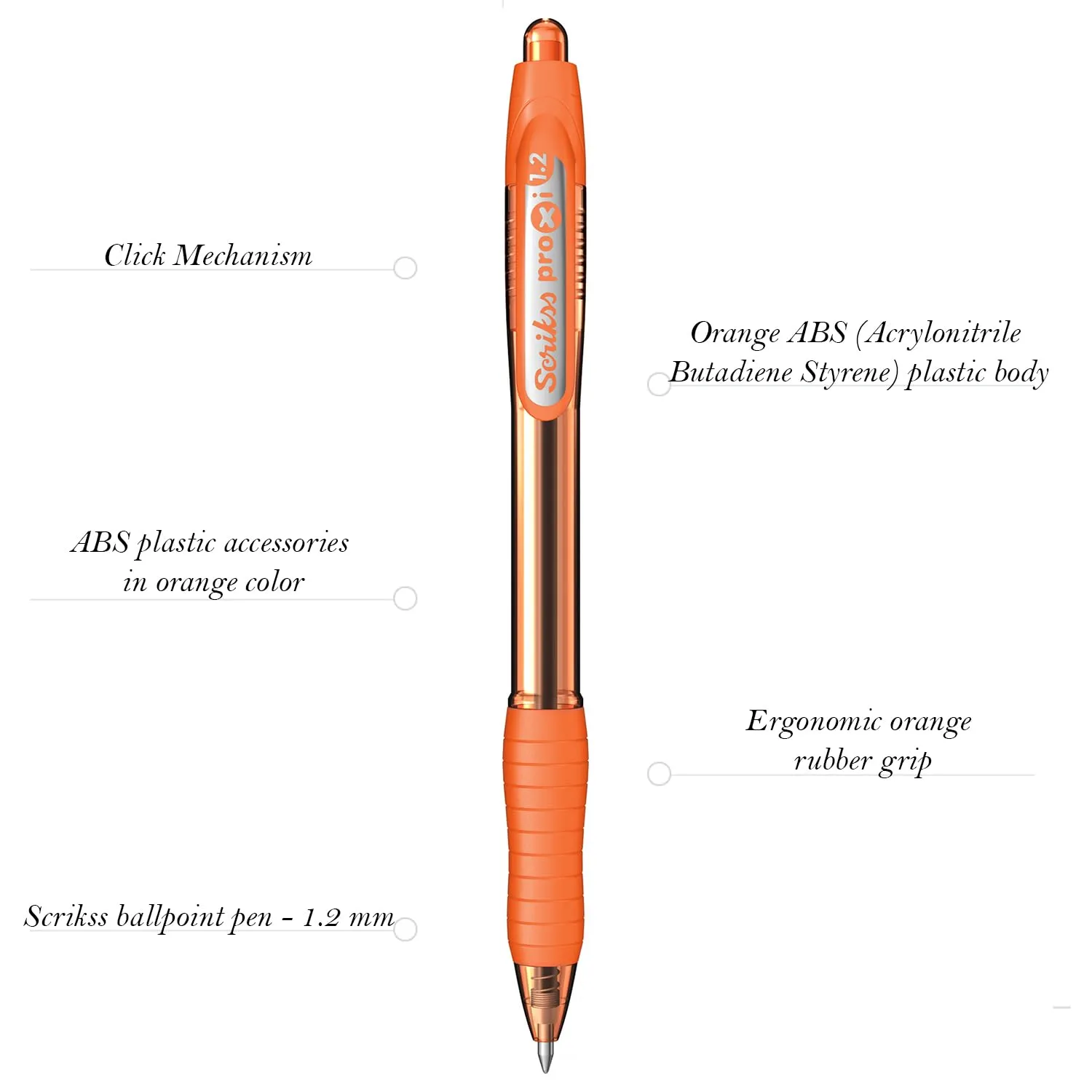 Scrikss Peach Orange Ink Ball Point Pen | Click Mechanism | 12 Peach Orange Barrel Ballpens | Proxi Series