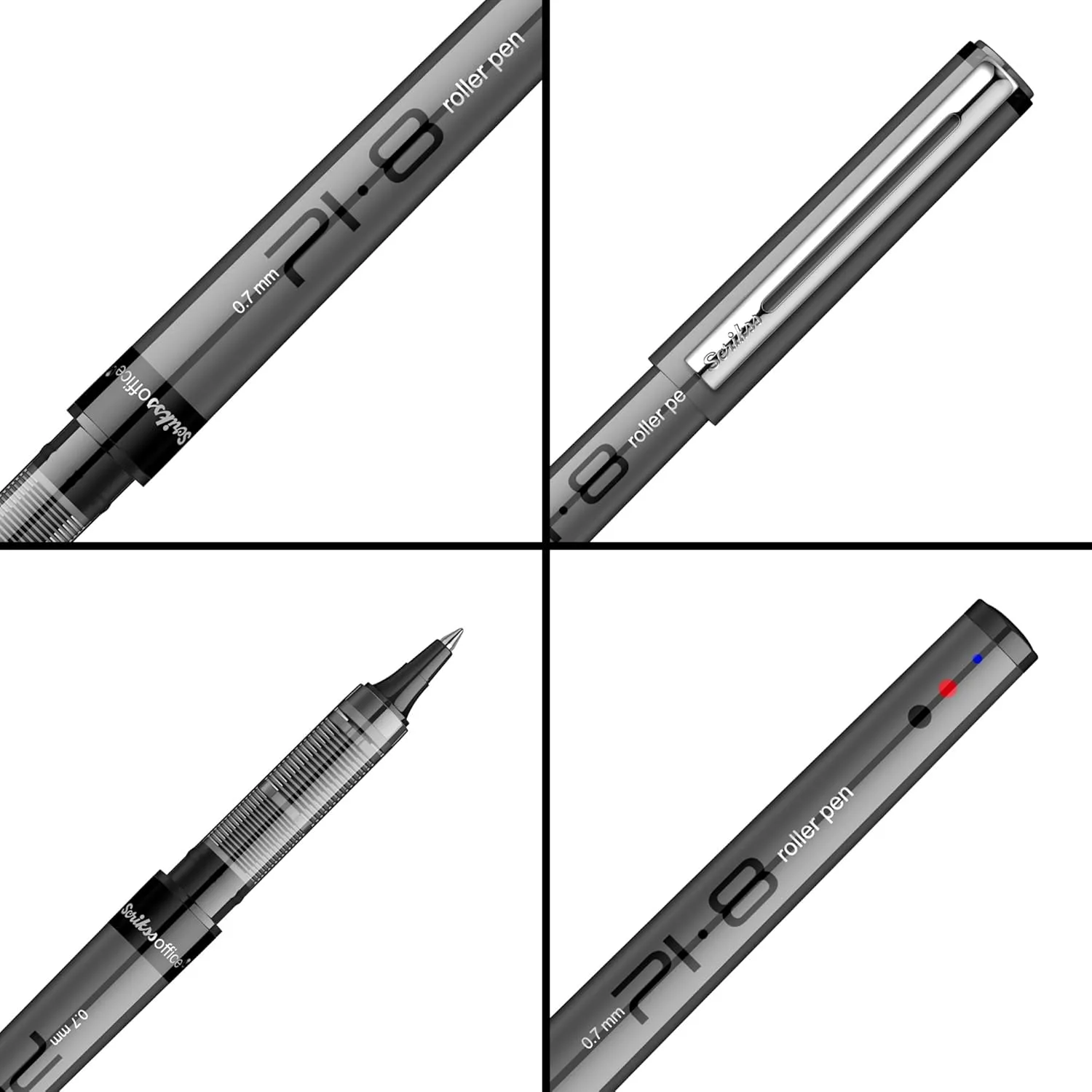 Scrikss PI-8 Roller Pen 0.7mm - Fast Drying Ink, Chrome Plated Tip, Ink Level Indicator - Set of 12 (Black)