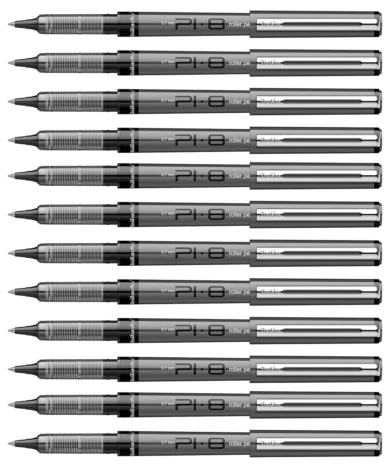 Scrikss PI-8 Roller Pen 0.7mm - Fast Drying Ink, Chrome Plated Tip, Ink Level Indicator - Set of 12 (Black)