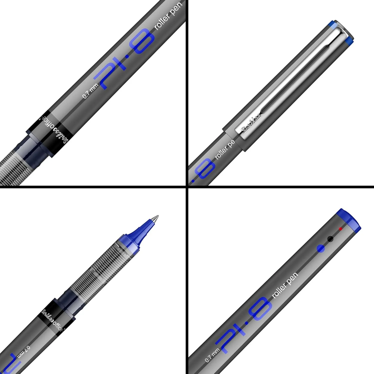Scrikss PI-8 Roller Pen 0.7mm - Fast Drying Ink, Chrome Plated Tip, Ink Level Indicator - Set of 12 (Blue)