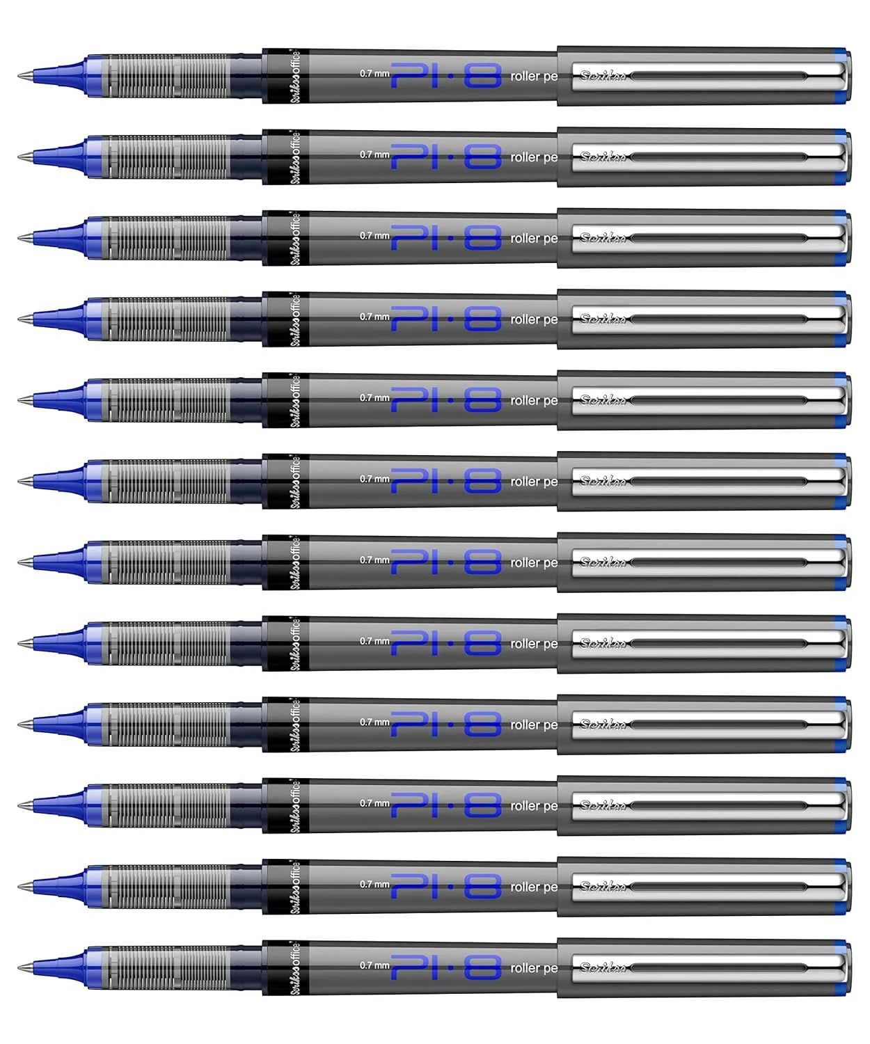 Scrikss PI-8 Roller Pen 0.7mm - Fast Drying Ink, Chrome Plated Tip, Ink Level Indicator - Set of 12 (Blue)