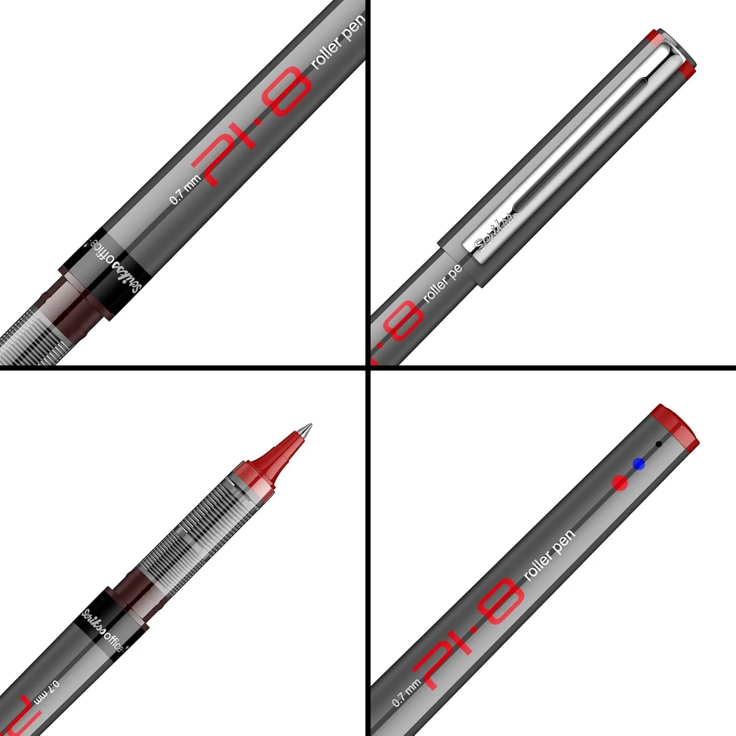 Scrikss PI-8 Roller Pen 0.7mm - Fast Drying Ink, Chrome Plated Tip, Ink Level Indicator - Set of 12 (Red)