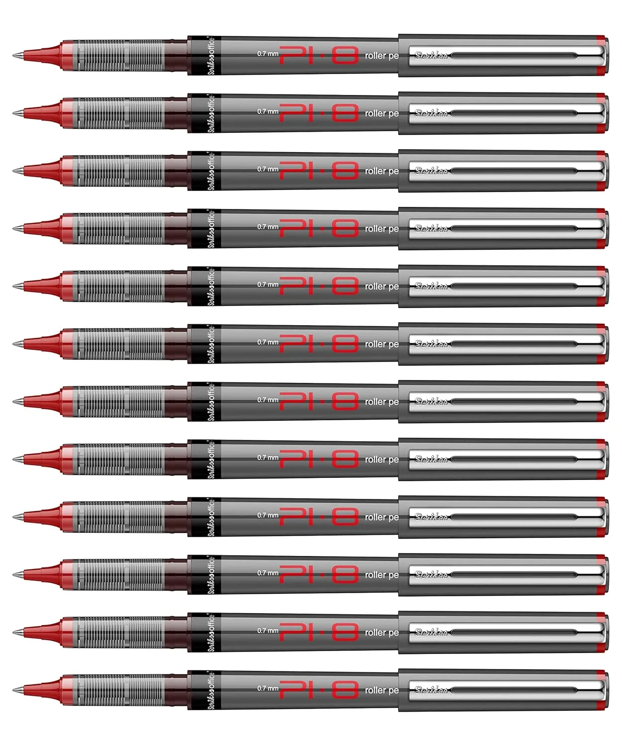 Scrikss PI-8 Roller Pen 0.7mm - Fast Drying Ink, Chrome Plated Tip, Ink Level Indicator - Set of 12 (Red)
