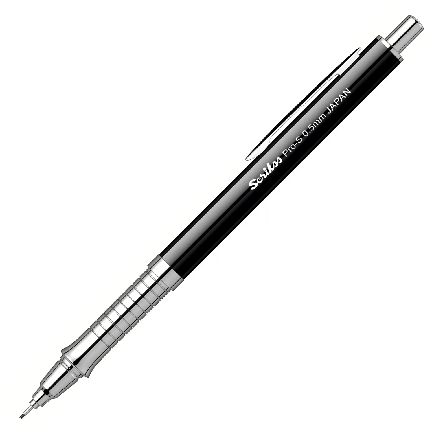 Scrikss Pro-S 0.5mm Mechanical Lead Pencil Black Barrel Brass Body Push Mechanism Mini Eraser Included Chrome Plated Grip with Linear Anti-Slip Pattern