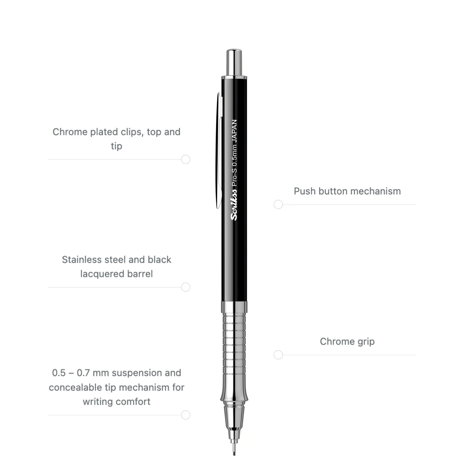 Scrikss Pro-S 0.5mm Mechanical Lead Pencil Black Barrel Brass Body Push Mechanism Mini Eraser Included Chrome Plated Grip with Linear Anti-Slip Pattern