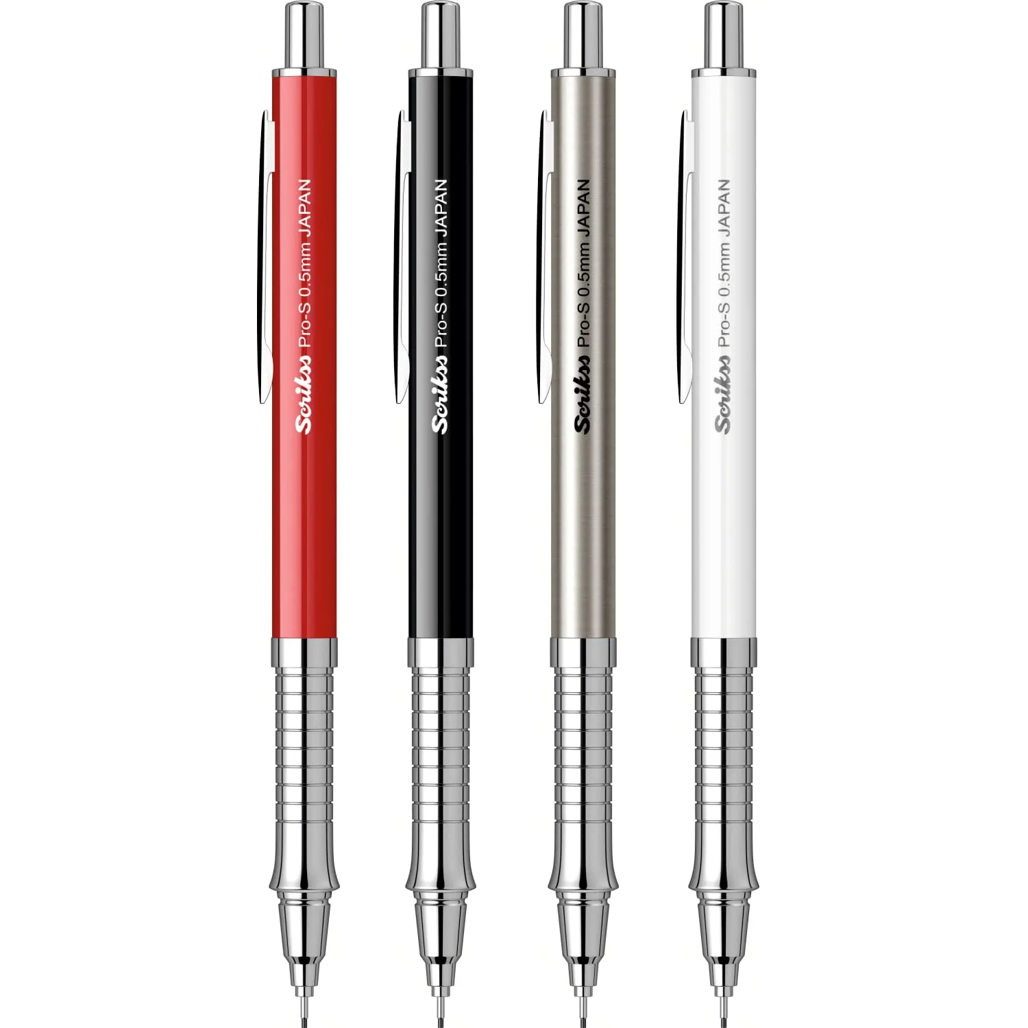 Scrikss Pro-S 0.5mm Mechanical Lead Pencil Black Barrel Brass Body Push Mechanism Mini Eraser Included Chrome Plated Grip with Linear Anti-Slip Pattern
