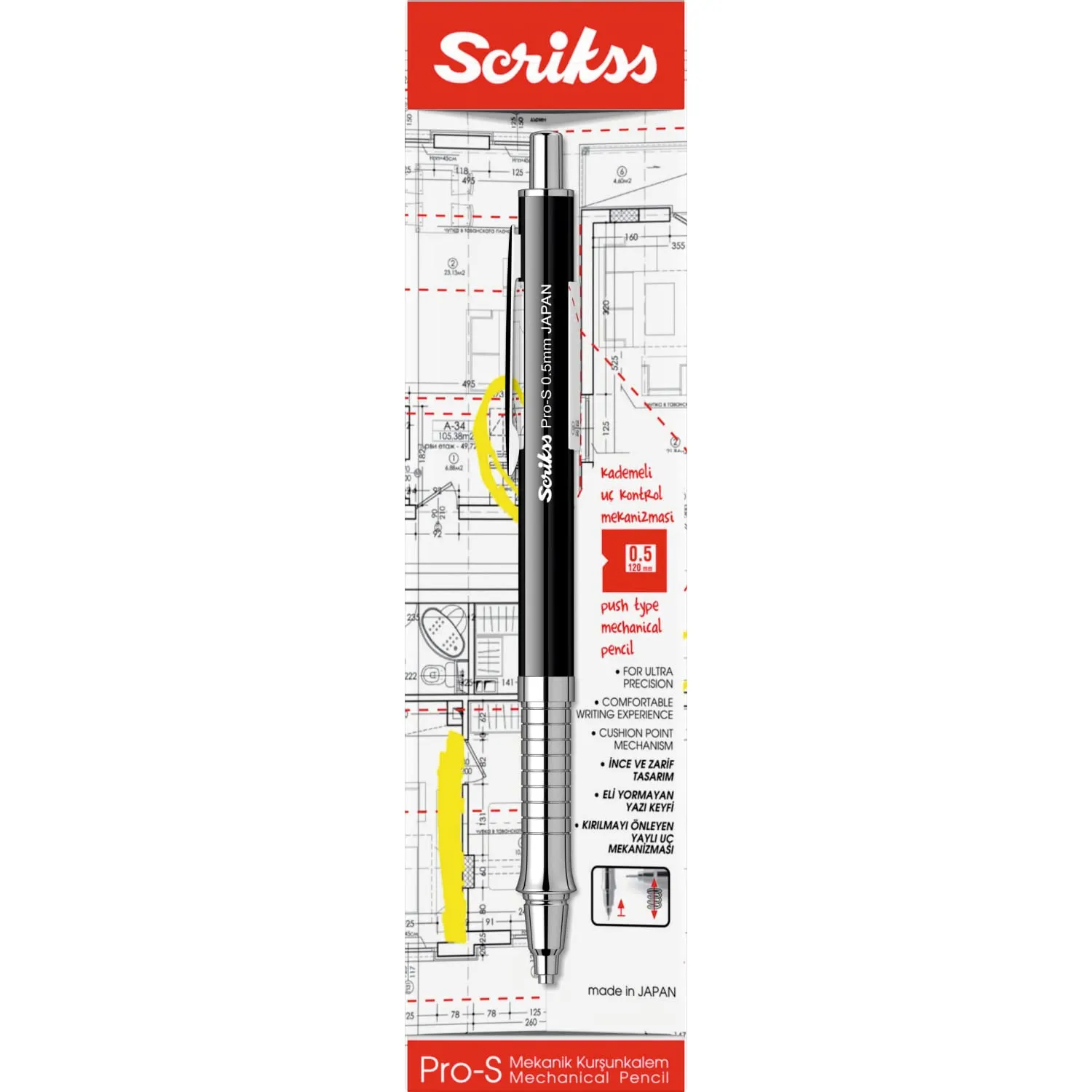 Scrikss Pro-S 0.5mm Mechanical Lead Pencil Black Barrel Brass Body Push Mechanism Mini Eraser Included Chrome Plated Grip with Linear Anti-Slip Pattern