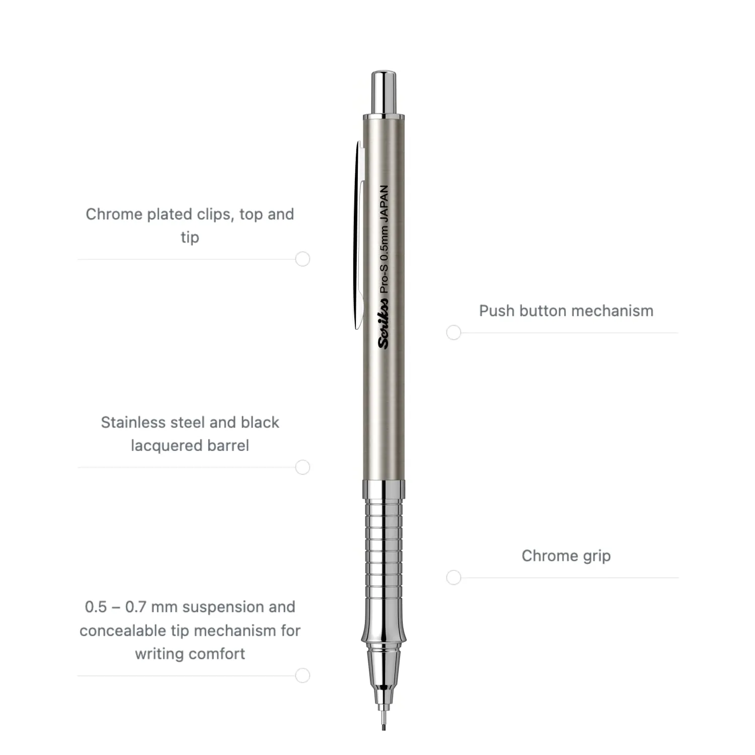 Scrikss Pro-S 0.5mm Mechanical Lead Pencil Brushed Grey Barrel Brass Body Push Mechanism Mini Eraser Included Chrome Plated Grip with Linear Anti-Slip Pattern