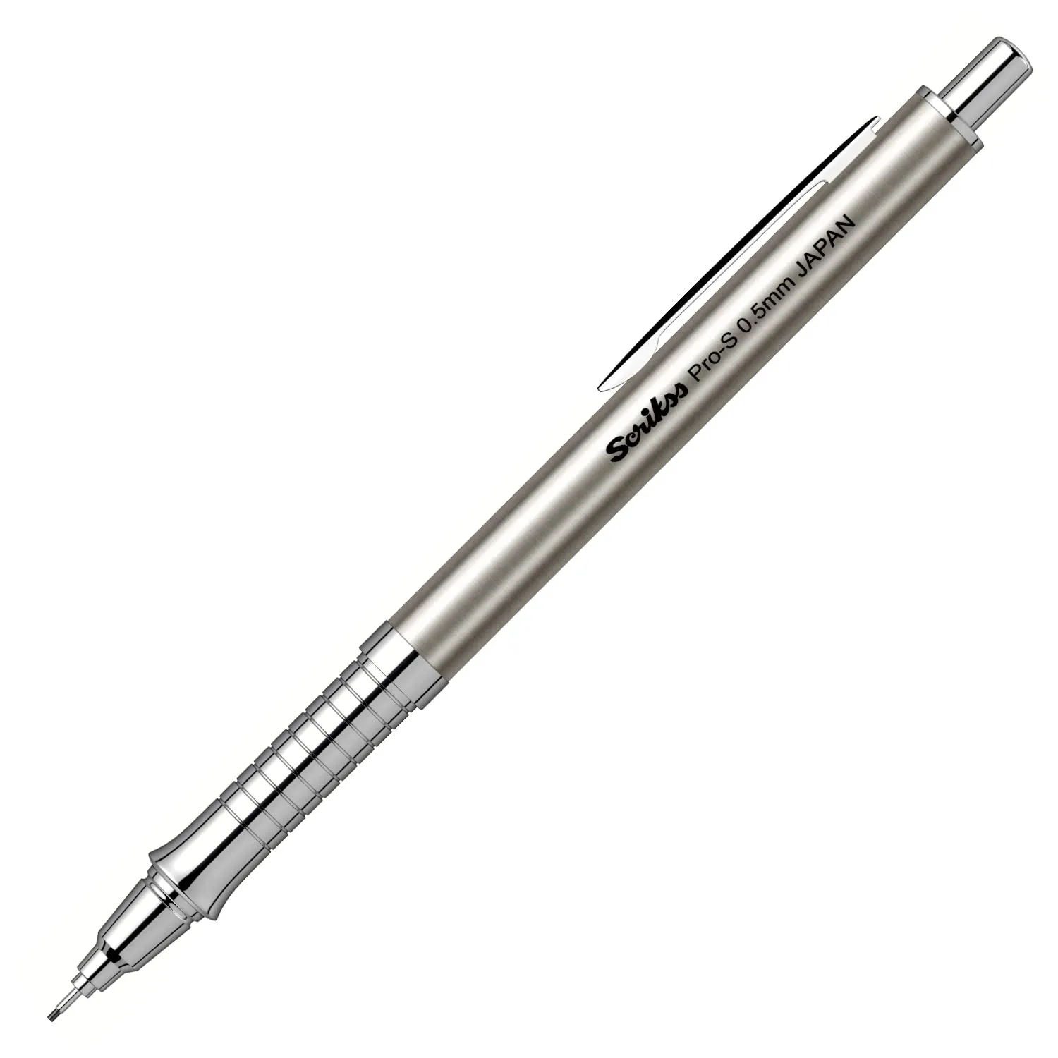 Scrikss Pro-S 0.5mm Mechanical Lead Pencil Brushed Grey Barrel Brass Body Push Mechanism Mini Eraser Included Chrome Plated Grip with Linear Anti-Slip Pattern