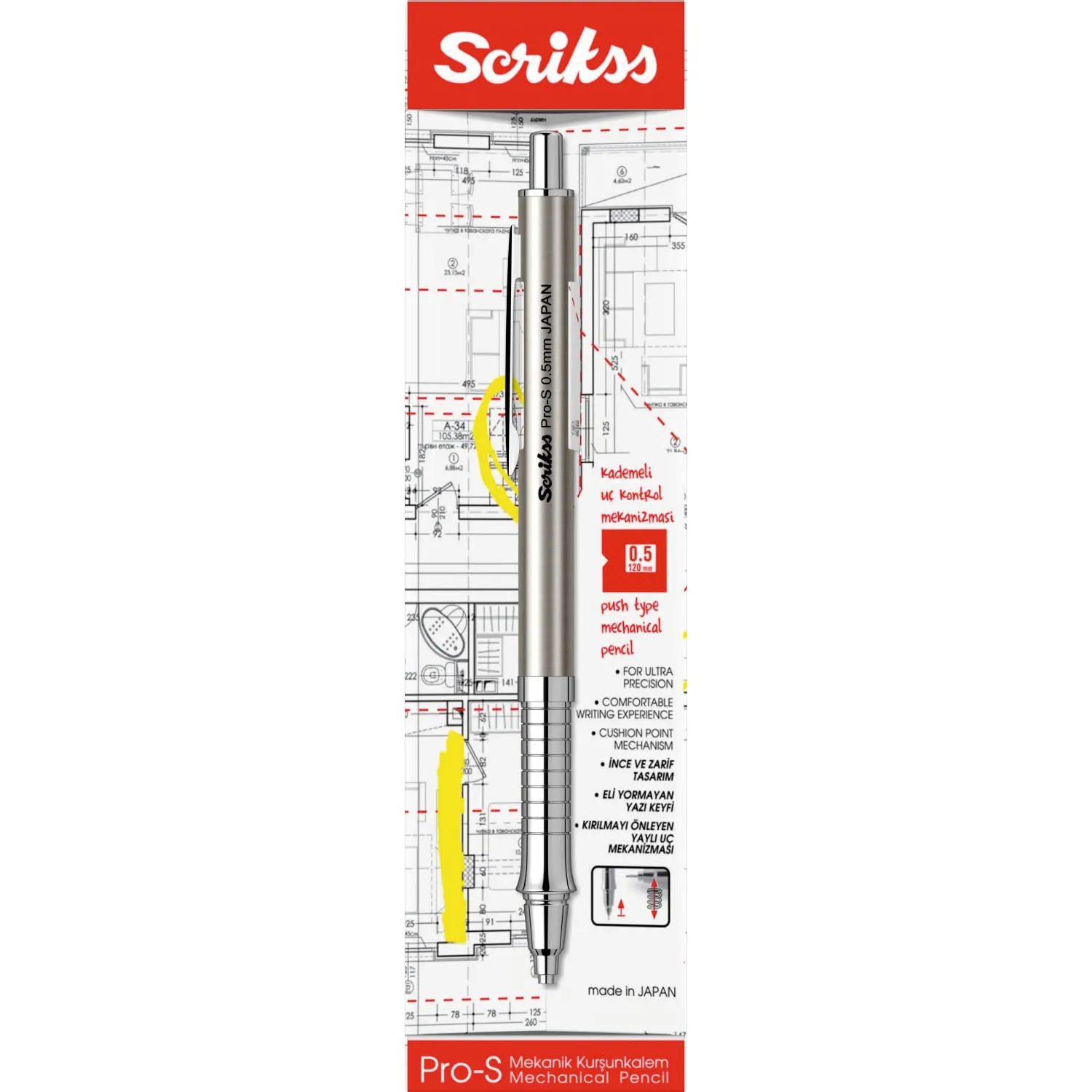 Scrikss Pro-S 0.5mm Mechanical Lead Pencil Brushed Grey Barrel Brass Body Push Mechanism Mini Eraser Included Chrome Plated Grip with Linear Anti-Slip Pattern