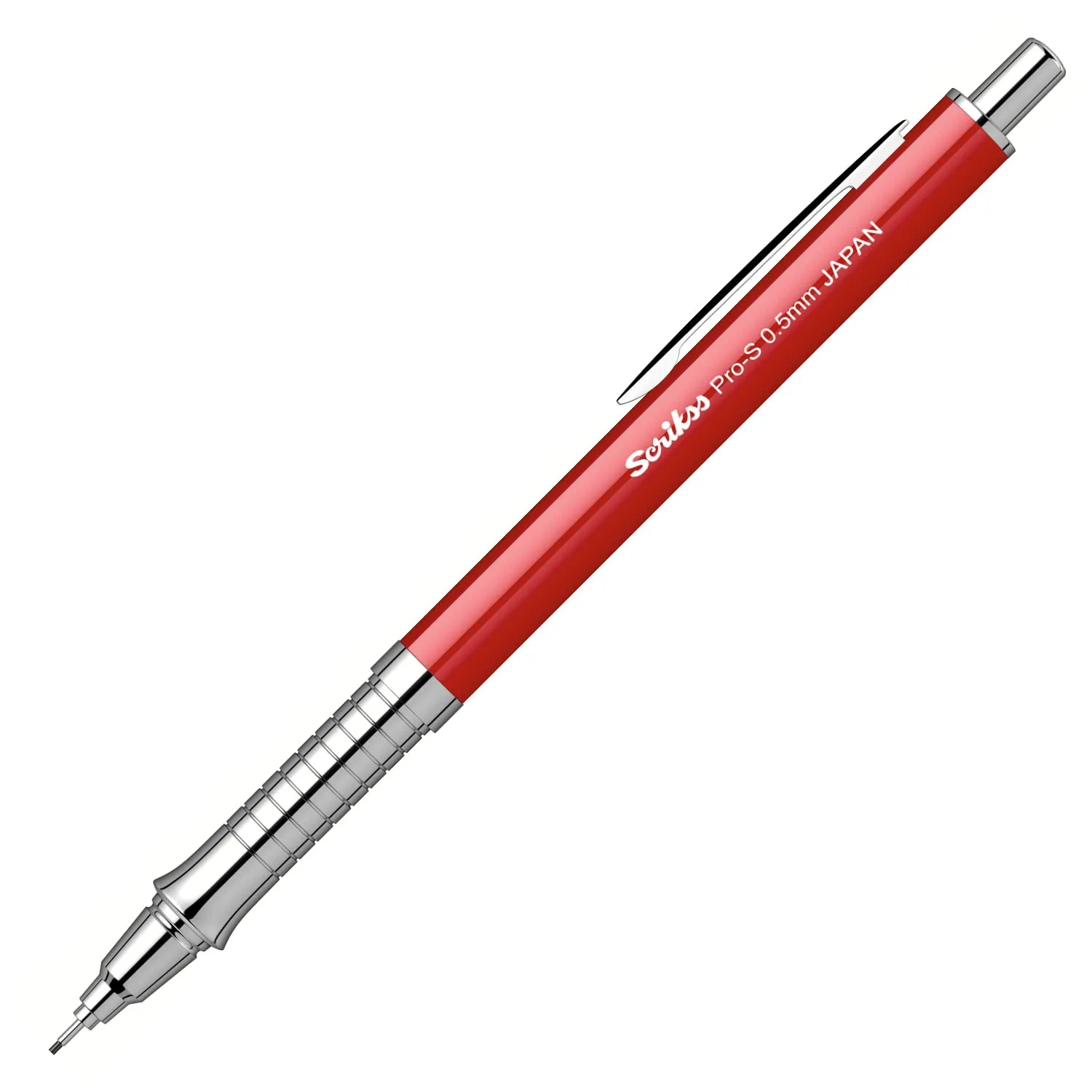Scrikss Pro-S 0.5mm Mechanical Lead Pencil Red Barrel Brass Body Push Mechanism Mini Eraser Included Chrome Plated Grip with Linear Anti-Slip Pattern