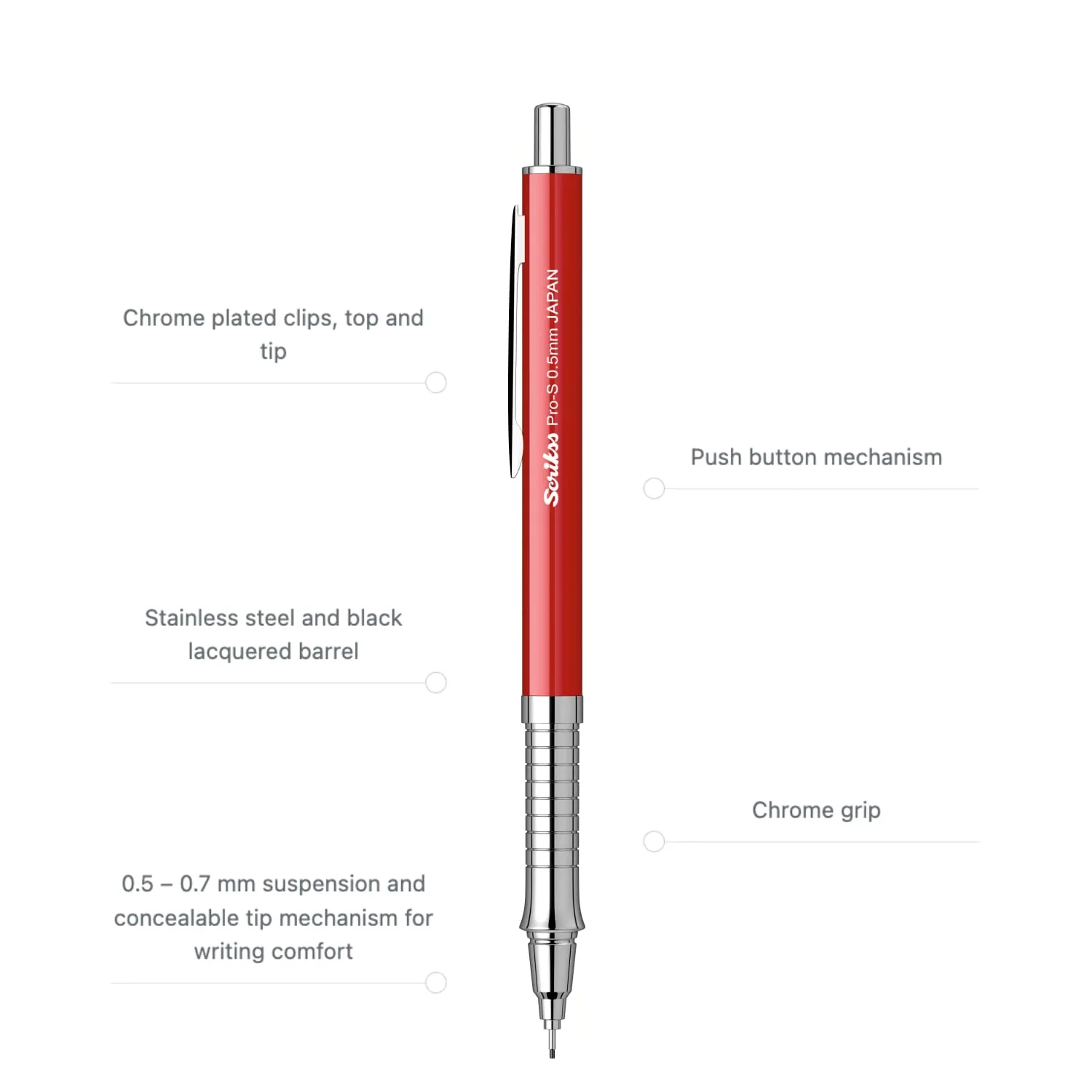 Scrikss Pro-S 0.5mm Mechanical Lead Pencil Red Barrel Brass Body Push Mechanism Mini Eraser Included Chrome Plated Grip with Linear Anti-Slip Pattern