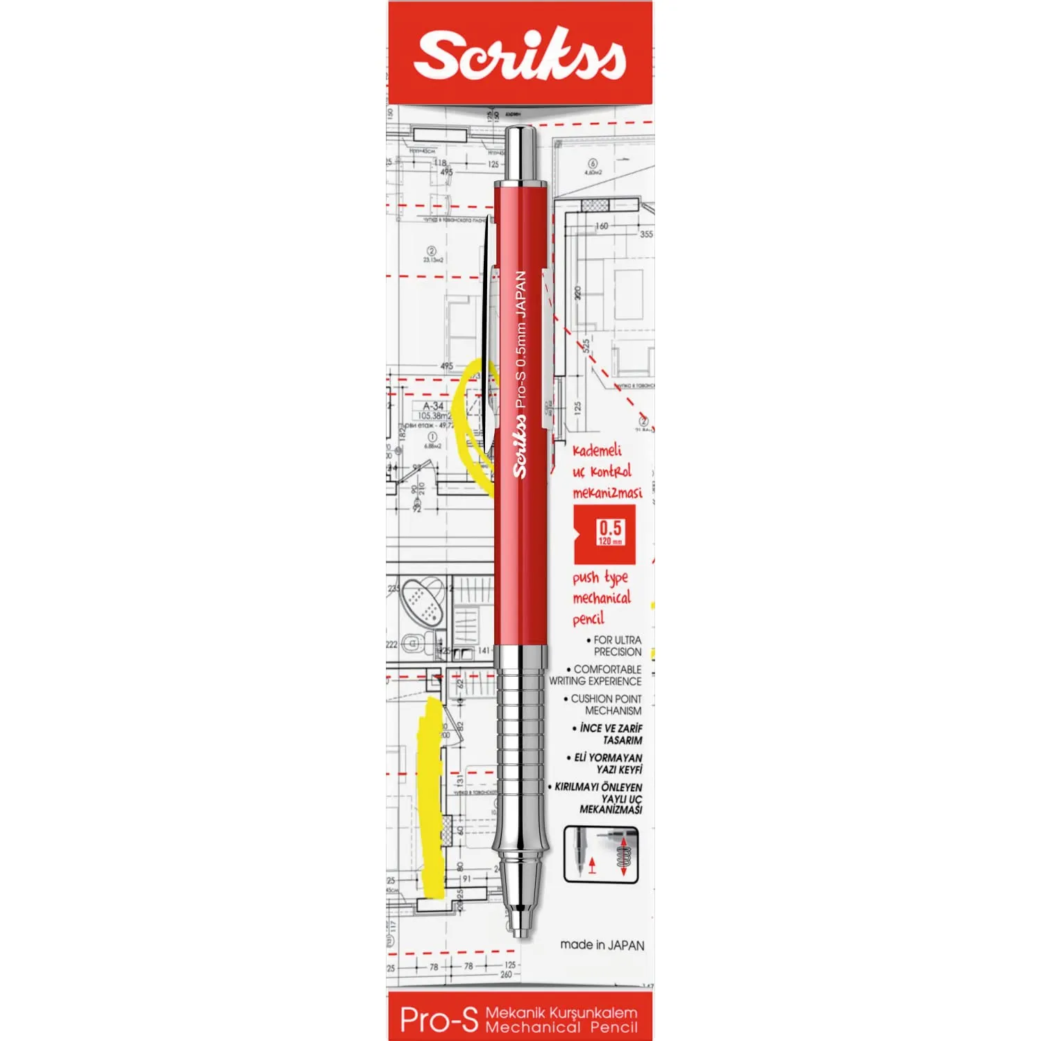 Scrikss Pro-S 0.5mm Mechanical Lead Pencil Red Barrel Brass Body Push Mechanism Mini Eraser Included Chrome Plated Grip with Linear Anti-Slip Pattern
