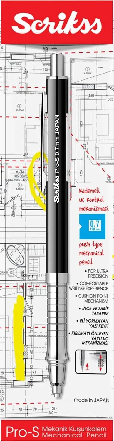 Scrikss Pro-S 0.7mm Mechanical Lead Pencil Black Barrel Brass Body Push Mechanism Mini Eraser Included Chrome Plated Grip with Linear Anti-Slip Pattern