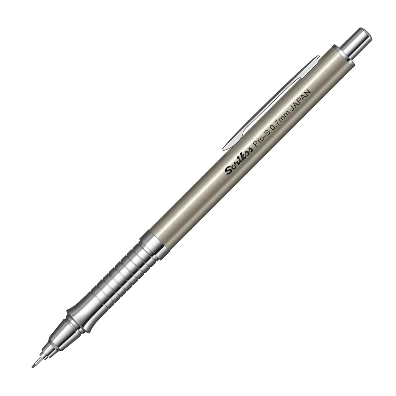 Scrikss Pro-S 0.7mm Mechanical Lead Pencil Brushed Grey Barrel Brass Body Push Mechanism Mini Eraser Included Chrome Plated Grip with Linear Anti-Slip Pattern