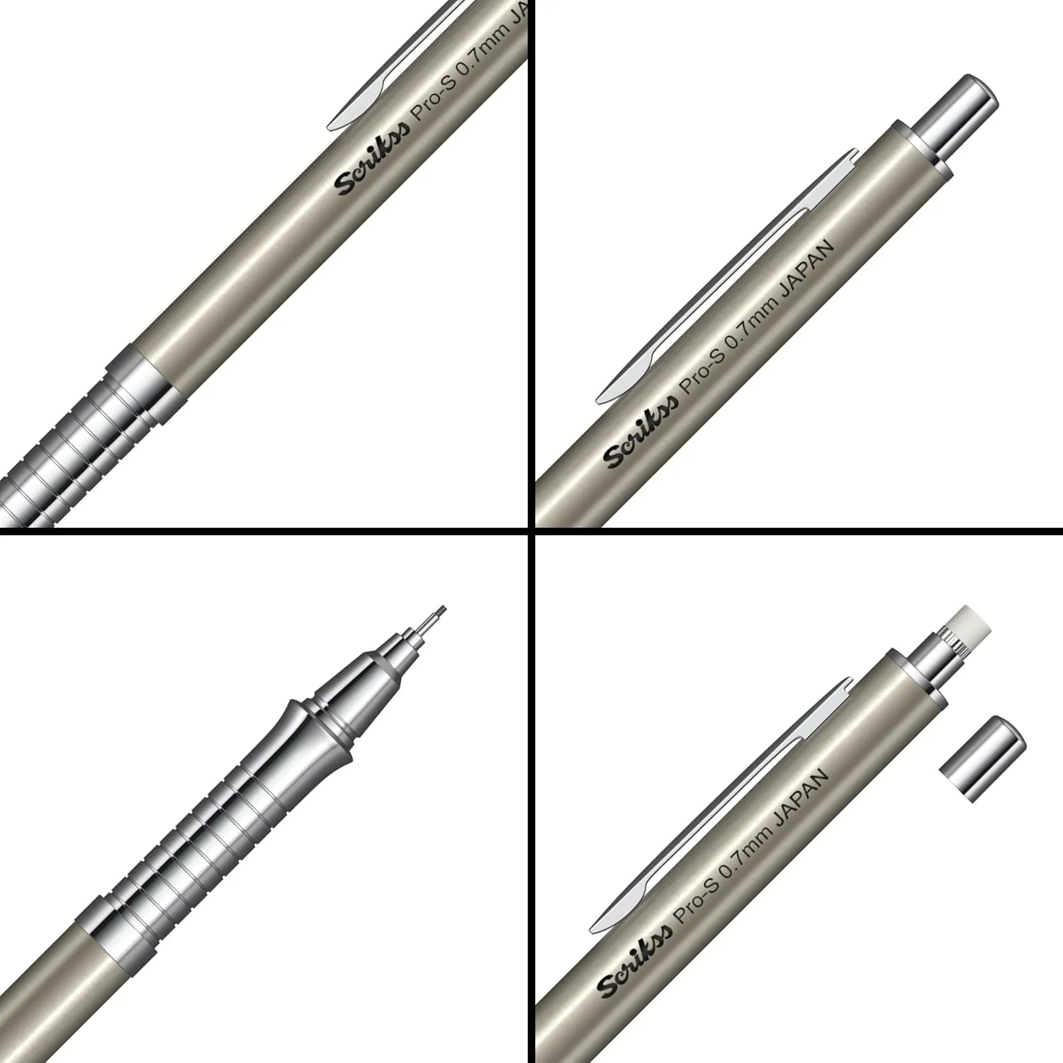 Scrikss Pro-S 0.7mm Mechanical Lead Pencil Brushed Grey Barrel Brass Body Push Mechanism Mini Eraser Included Chrome Plated Grip with Linear Anti-Slip Pattern