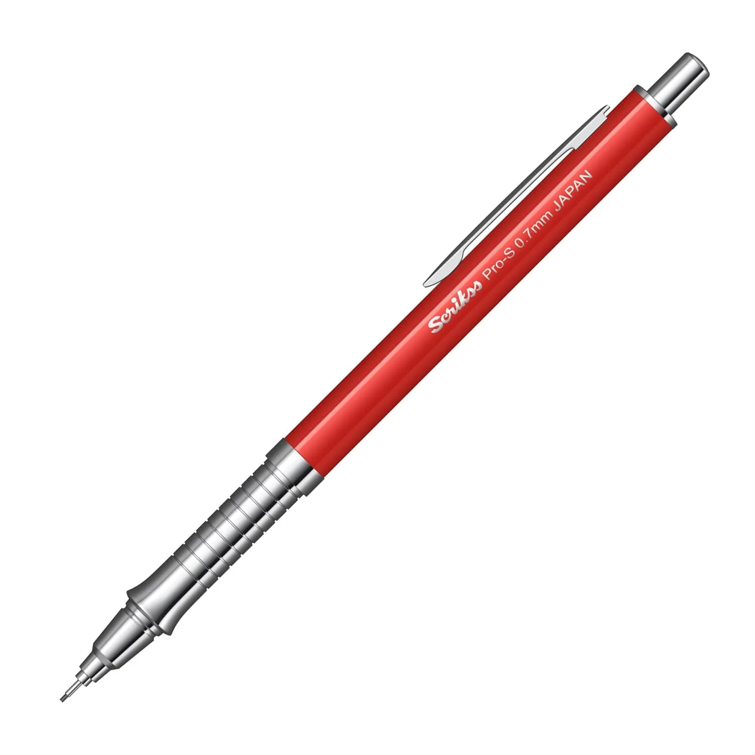 Scrikss Pro-S 0.7mm Mechanical Lead Pencil Red Barrel Brass Body Push Mechanism Mini Eraser Included Chrome Plated Grip with Linear Anti-Slip Pattern
