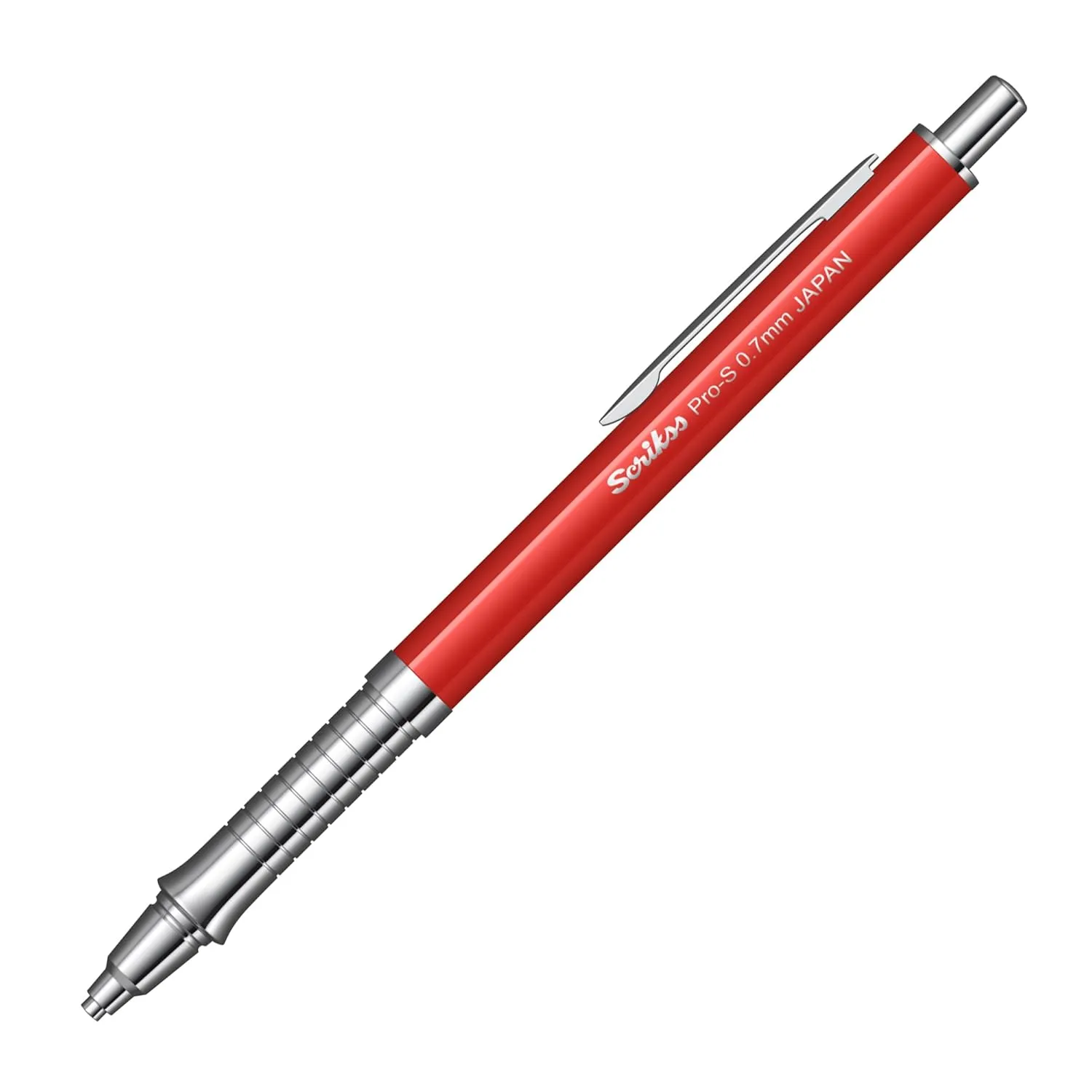 Scrikss Pro-S 0.7mm Mechanical Lead Pencil Red Barrel Brass Body Push Mechanism Mini Eraser Included Chrome Plated Grip with Linear Anti-Slip Pattern