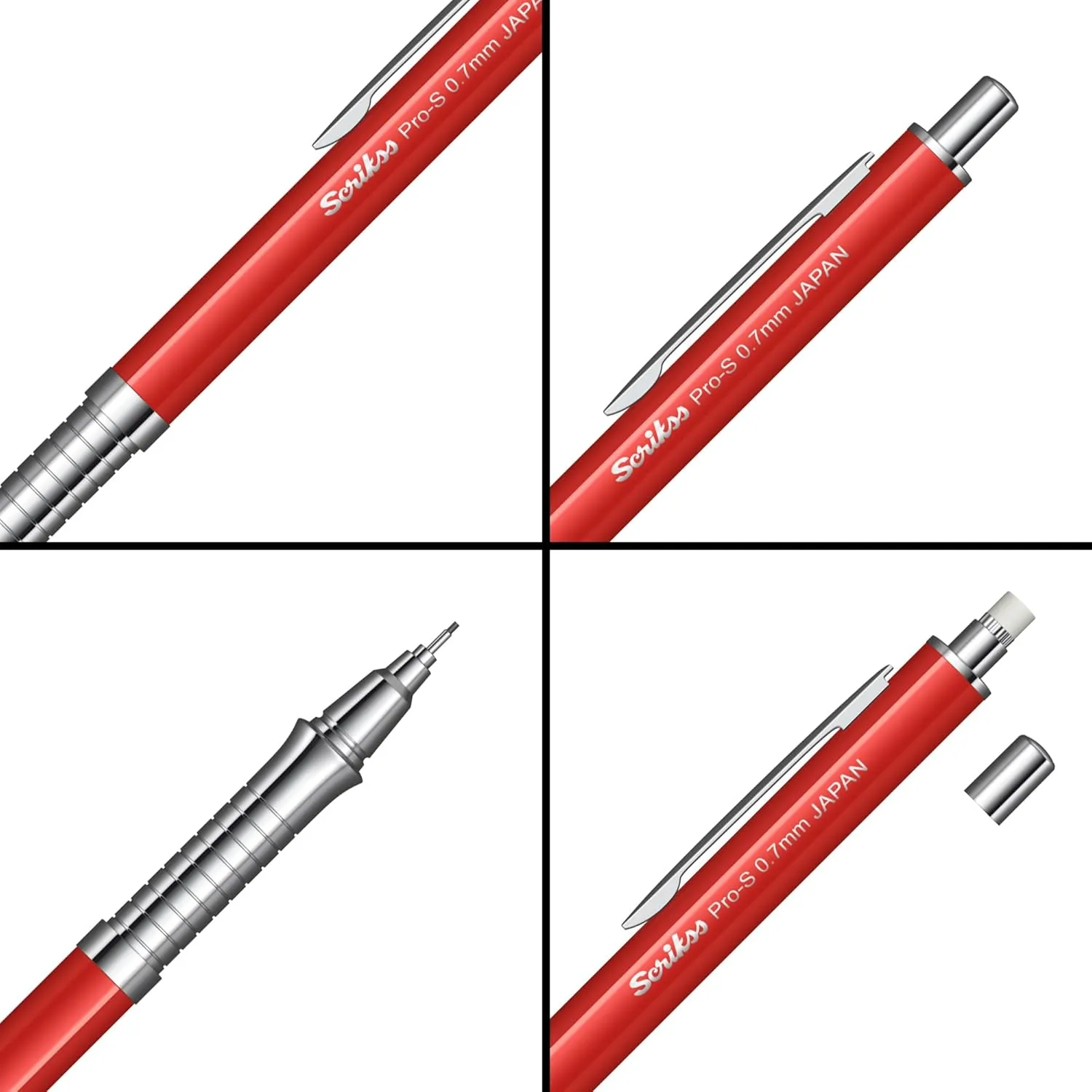 Scrikss Pro-S 0.7mm Mechanical Lead Pencil Red Barrel Brass Body Push Mechanism Mini Eraser Included Chrome Plated Grip with Linear Anti-Slip Pattern